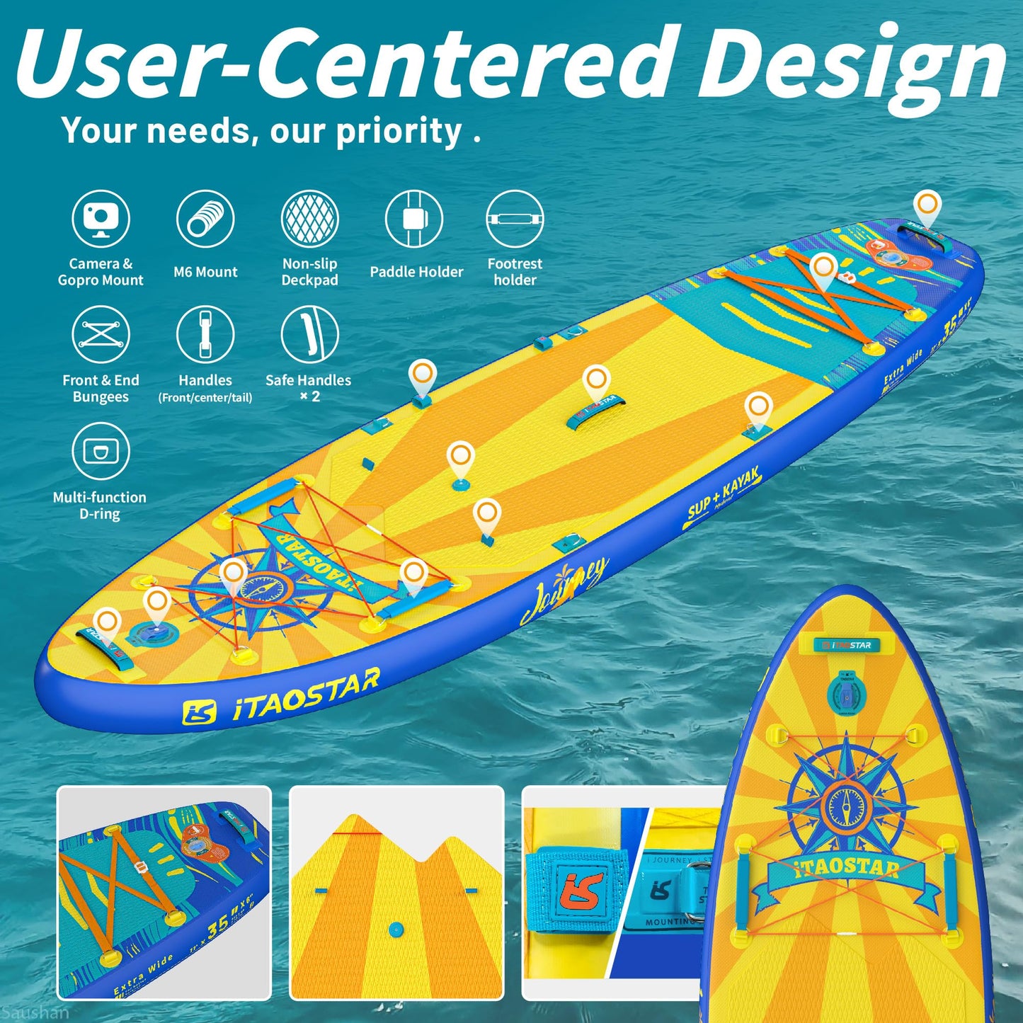 iTAOSTAR J07BP 35" Extra Wide Stand Up Paddle Board, More Balance Inflatable Paddle Board with 5 Fins for Beginner，Sup Boards for Family of All Skill Levels