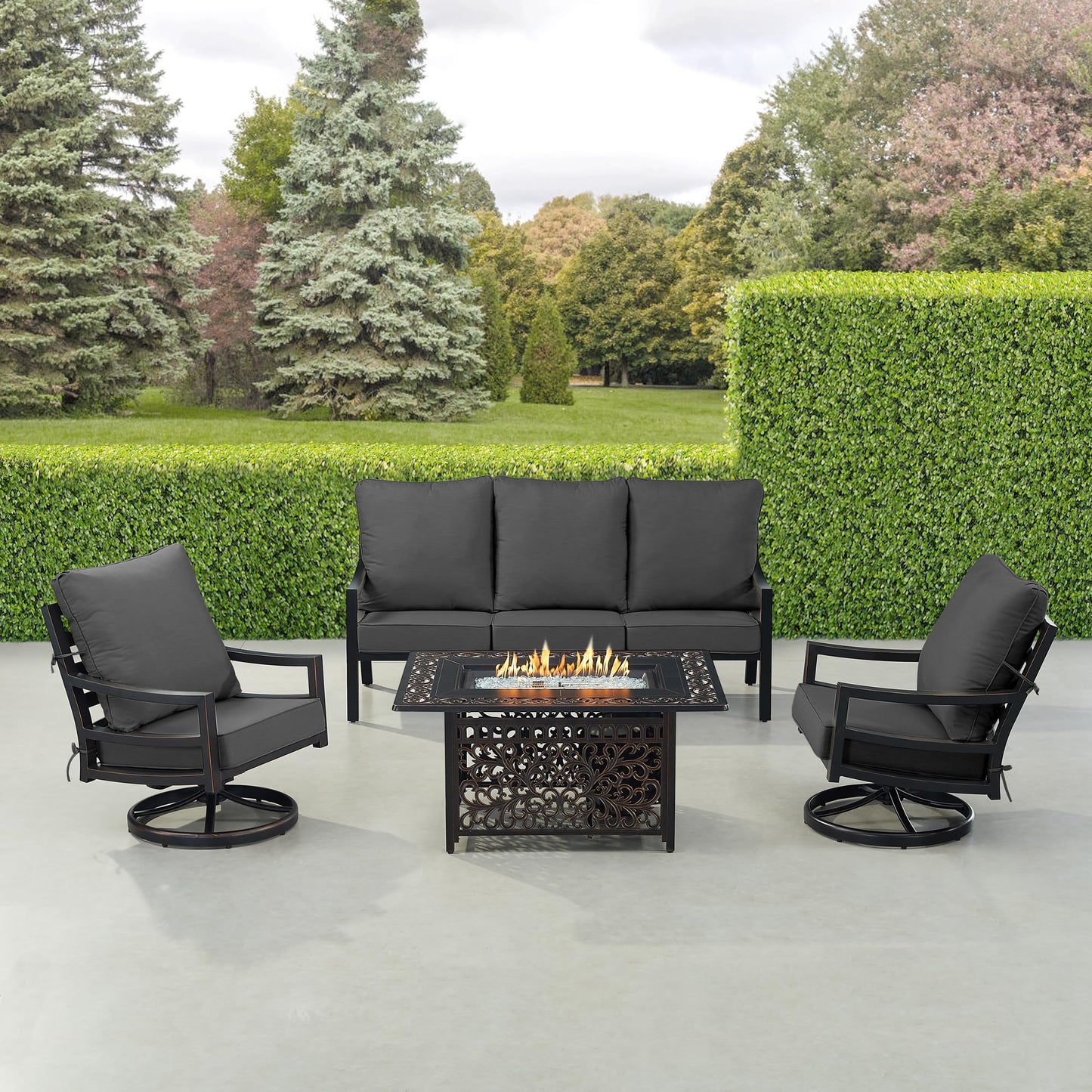 Oakland Living Black Aluminum Patio Fire Table Set with Deep Seating Sofa with Cushions and Two Club Chairs with Black Cushions