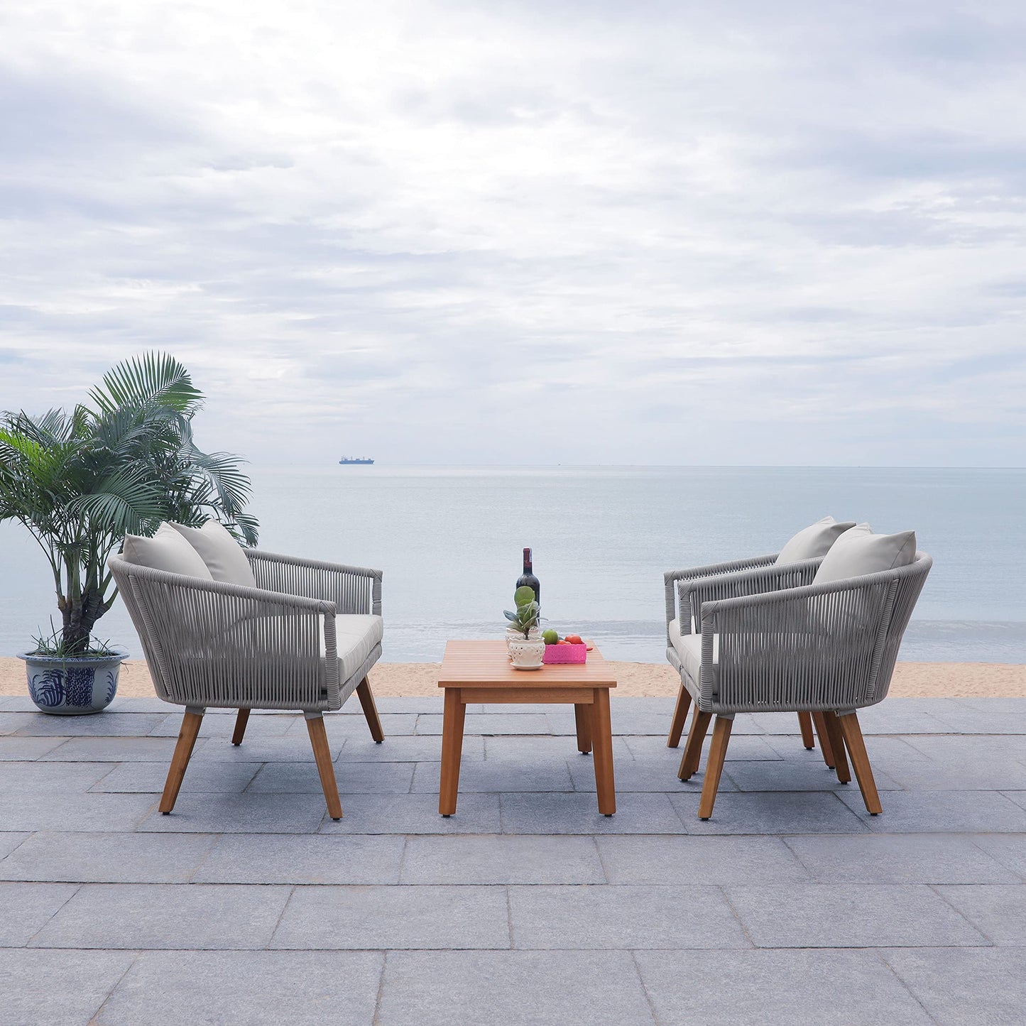 SAFAVIEH PAT7072A Outdoor Velso Rope 4-Piece Seat Cushions and Pillows Included Patio Set