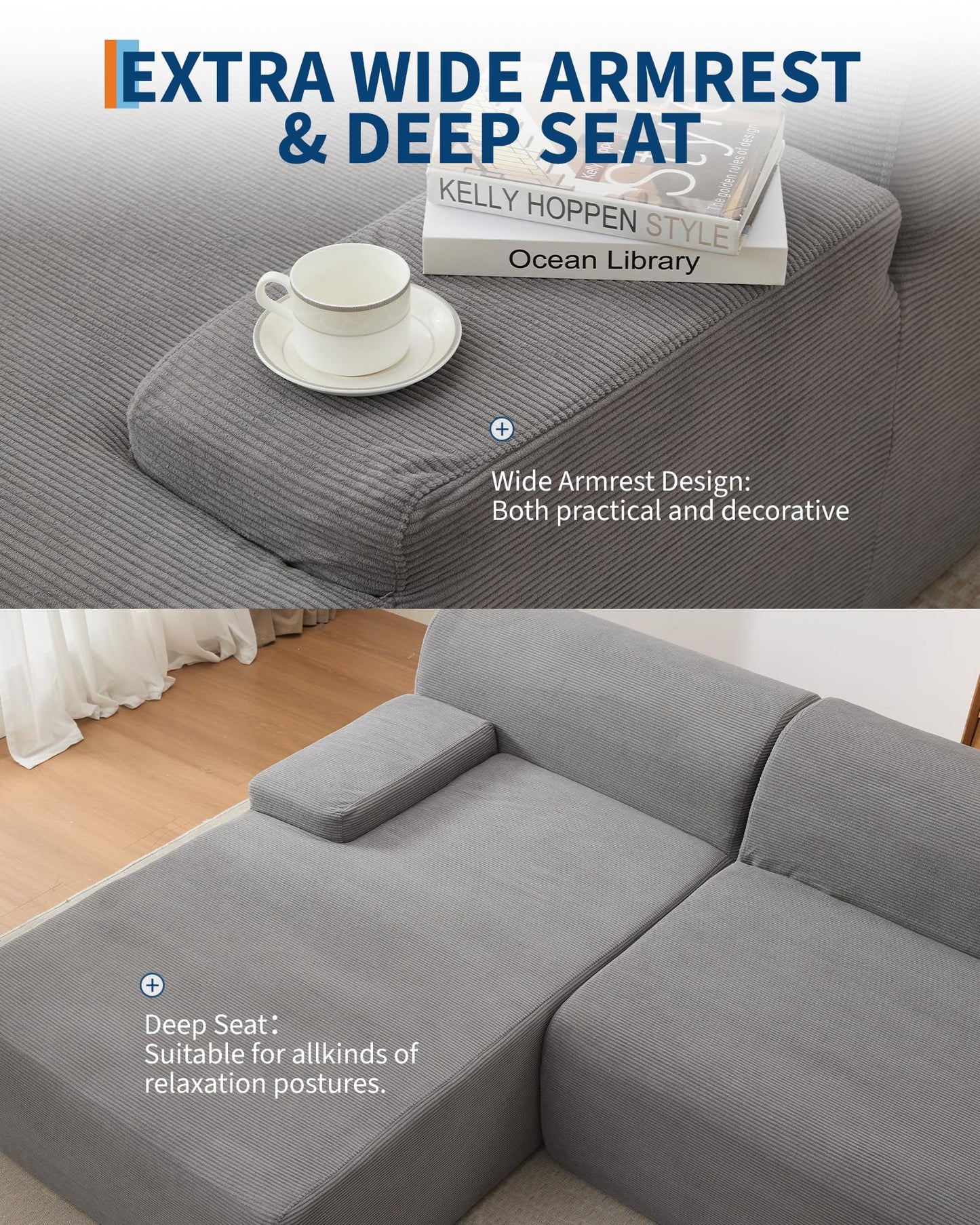 Garvee 108'' Modular Sectional Sofa, Left Facing Chaise L-Shaped Boneless Couch, Ultra Deep Seat Modern Sectional Sofa for Living Room, 5mm Wale Corduroy Fabric, Gary