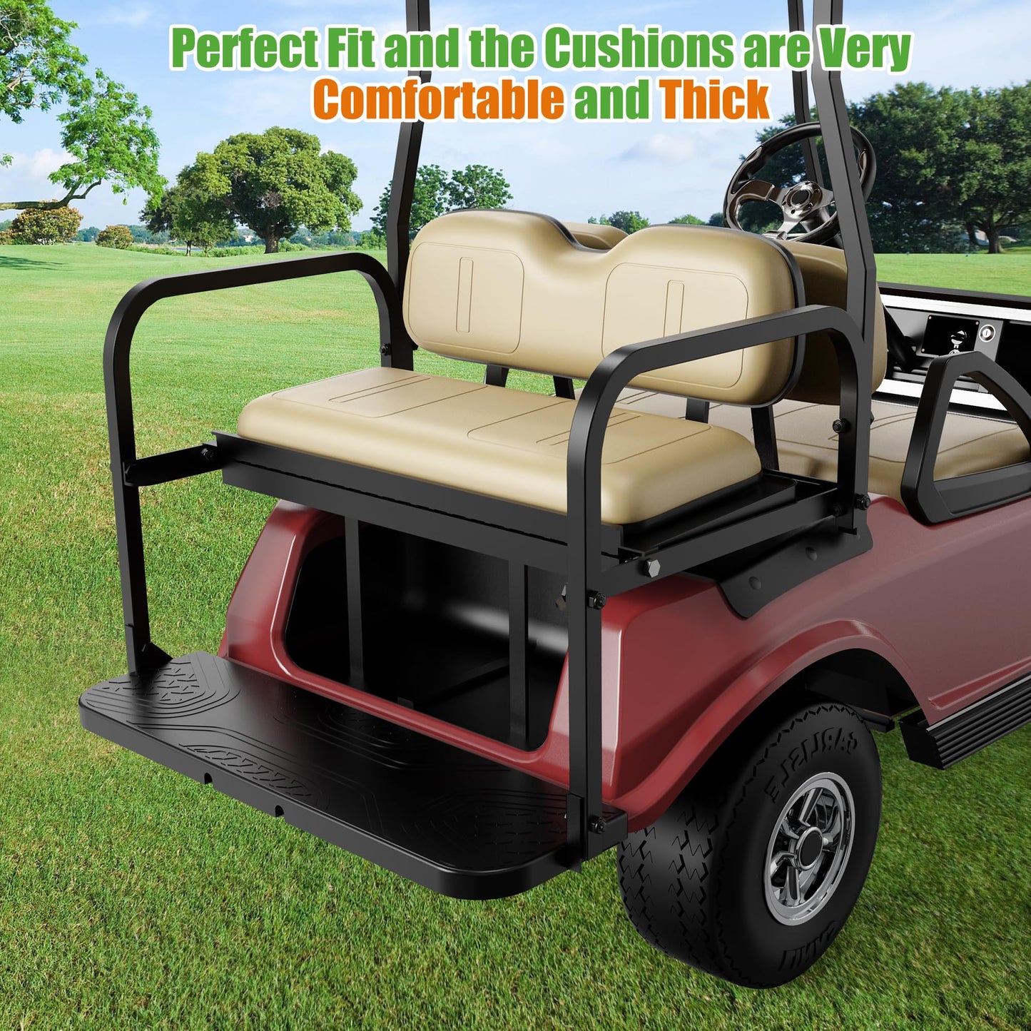 10L0L Golf Cart Rear Flip Seat for Club Car DS, Heavy-Duty Alloy Steel & PE Construction, No-Drill Installation, Non-Slip Pedals & Padded Backrest