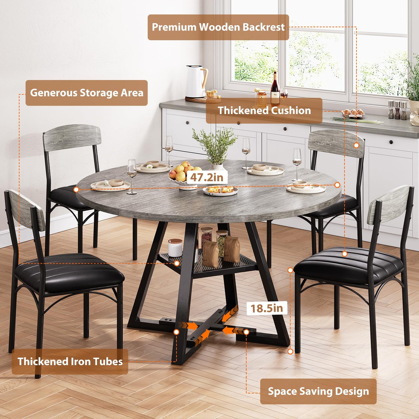 Round Dining Table Set for 4, Kitchen Table and Chairs for 4, Circle Table Round Pedestal Dining Room Dinner Dinette Table Set,5 Piece Space Saving Wood Kitchen & Dining Room Tables (Grey, 42In)