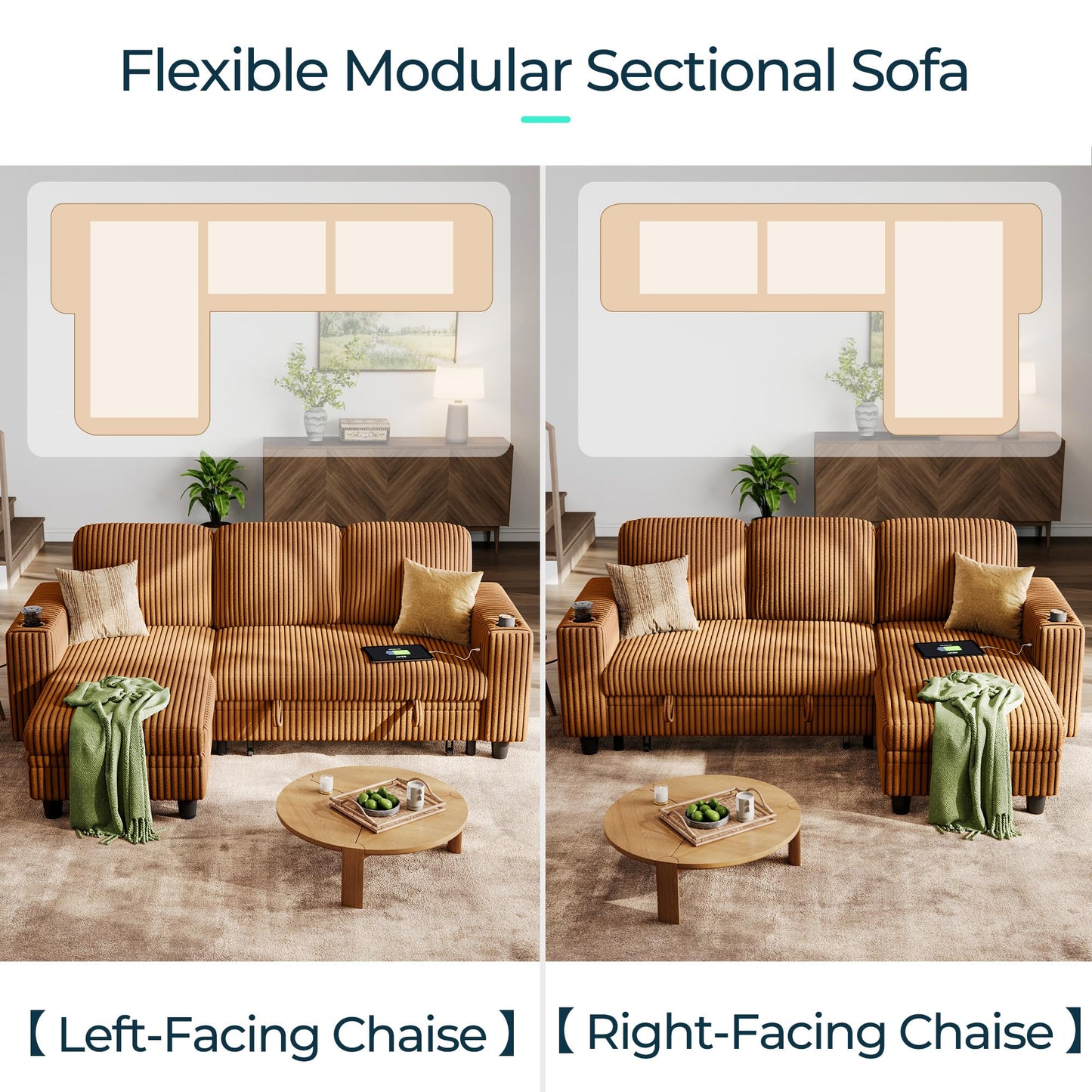 LINSY HOME Sectional Sleeper Sofa with Storage Chaise & USB Charging, Convertible Pull Out Couch Bed Plush Corduroy Modular Sectional Couches for Living Room Apartment (Brown)