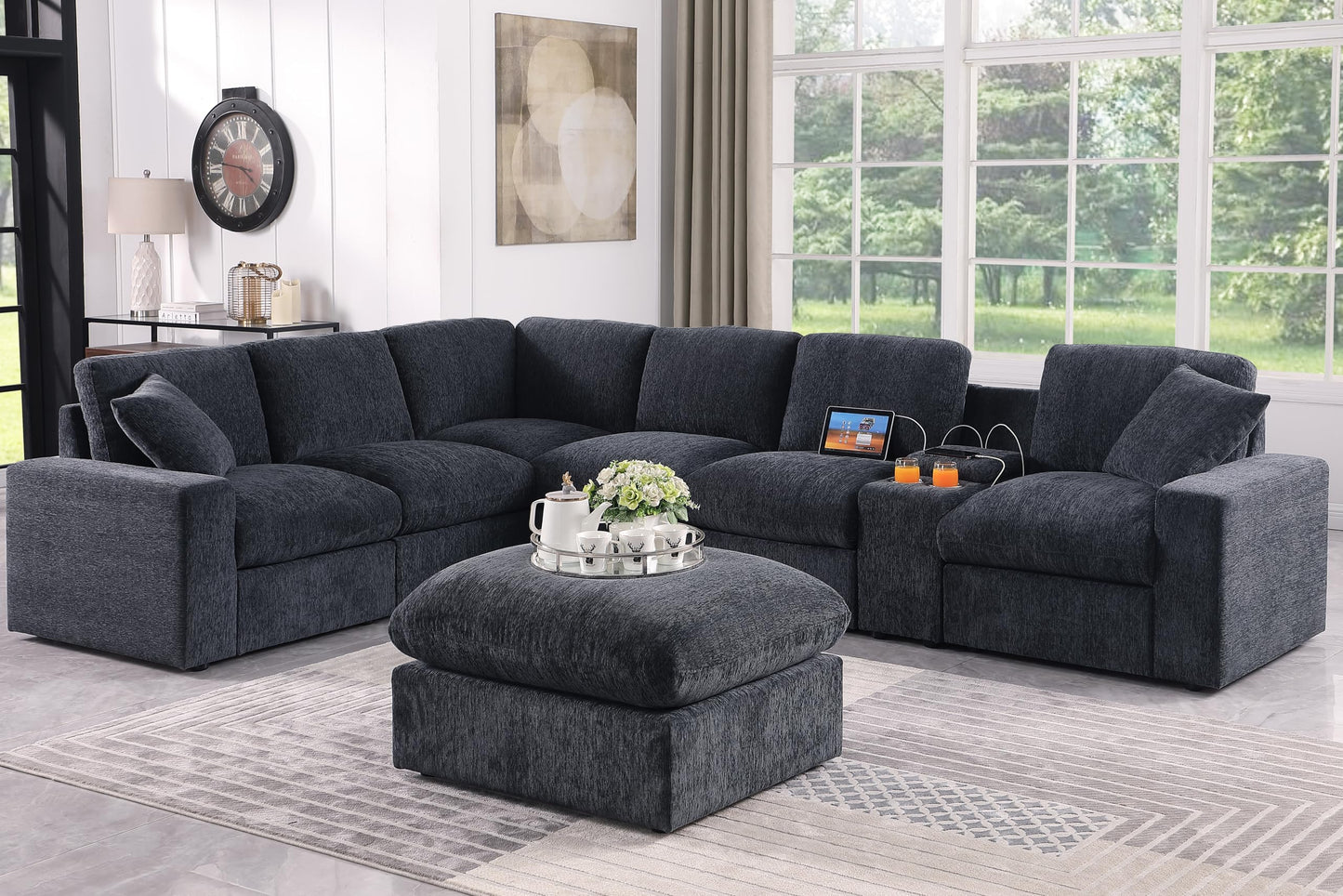 YOPTO 127" Modular Sectional Sofa,Modern Oversized Cloud Couch with Cup Holder&USB Port,7 Seat Convertible L-Shaped Chenille Sofas W/Ottoman,Pillows&Storage Box,Comfy Couches for Living Room,Dark Gray