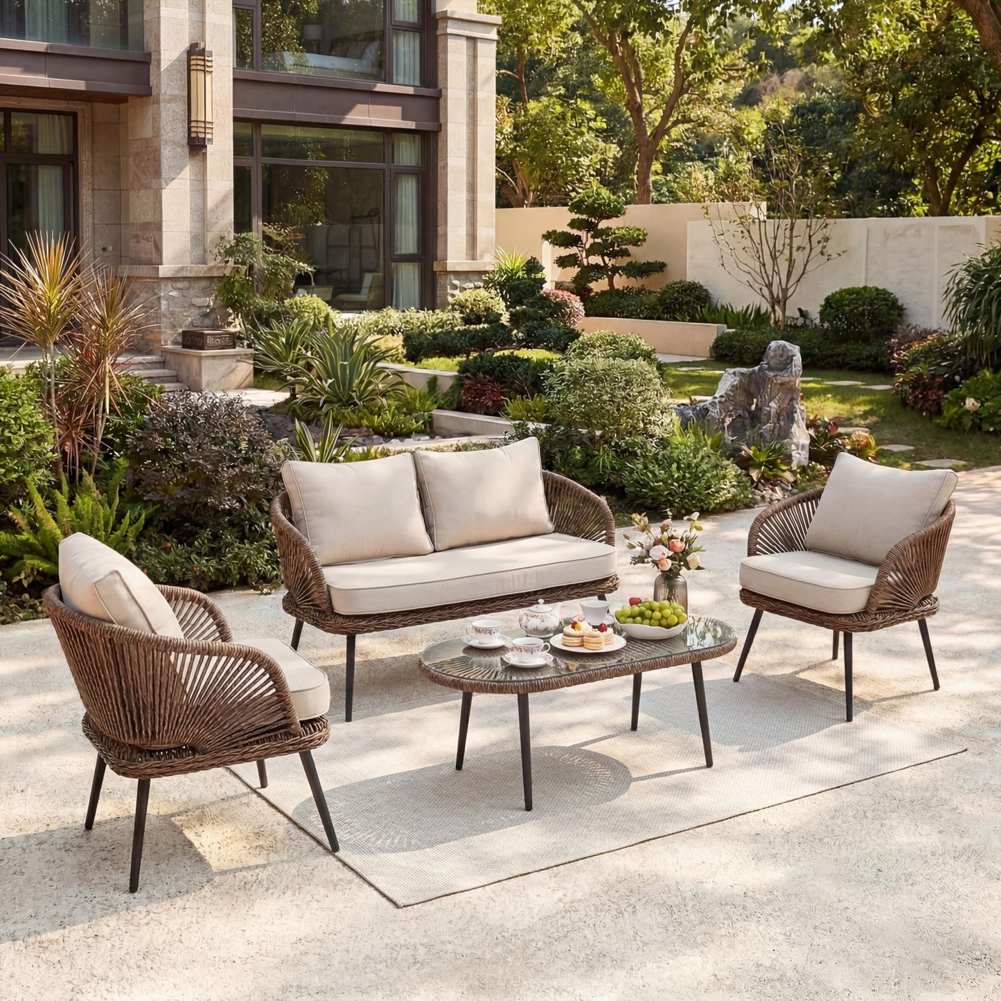 Tribesigns 4-Piece Outdoor Patio Furniture Set with Removable Waterproof Cushions, All-Weather Rattan Wicker Conversation Furniture Set with Glass Coffee Table for Garden, Pool, Porch, Balcony (Brown)