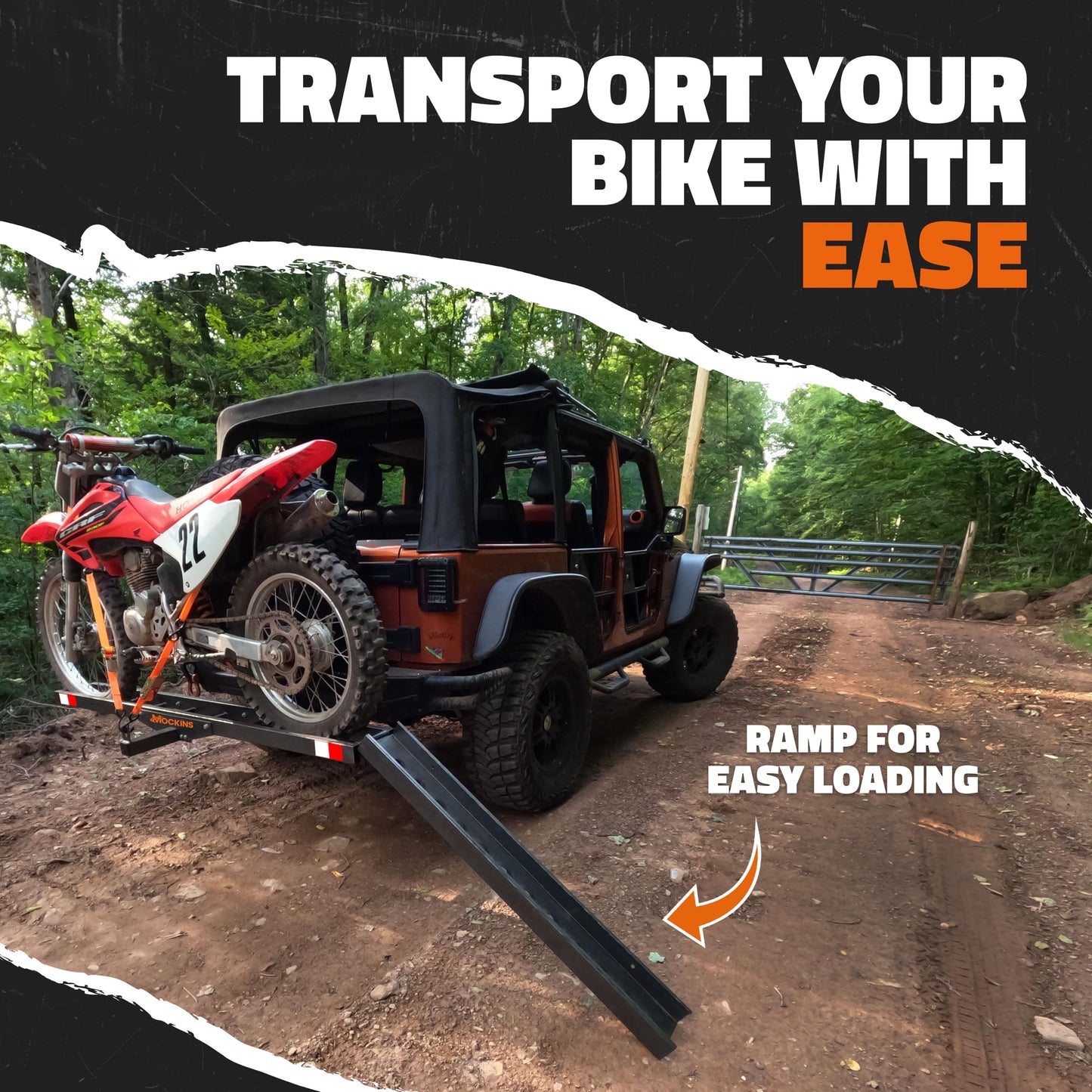 Mockins 500 lbs Capacity Motorcycle Hitch Carrier w/Loading Ramp | 73" Heavy Duty Steel Fat Tire eBike Rack & Dirt Bike Rack for Car Hitch 2" Receivers | Weatherproof Motorcycle Carrier Set