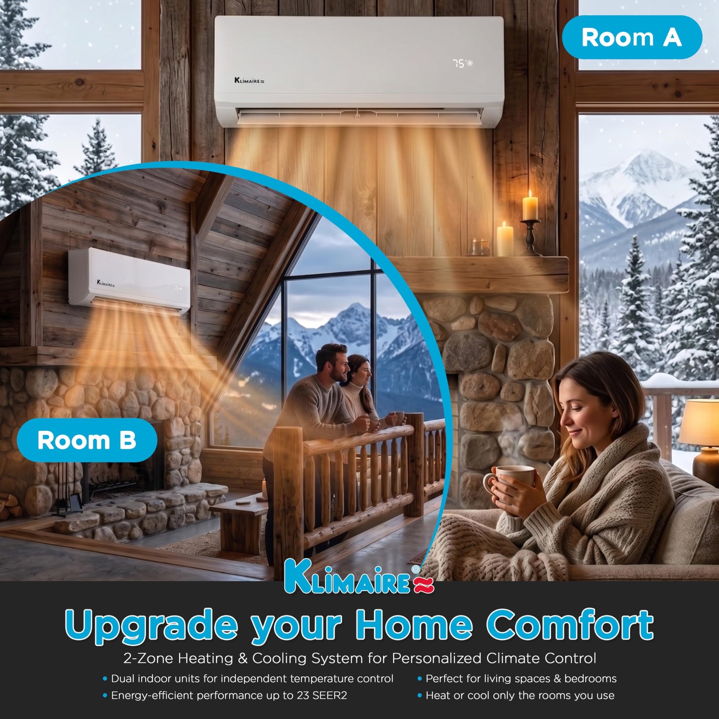 Klimaire 18,000 BTU 2-Zone 23 SEER2 Wall Mounted Mini Split Heat Pump System w/All Inclusive Installation Kits (9,000 BTU + 12,000 BTU) - R454B