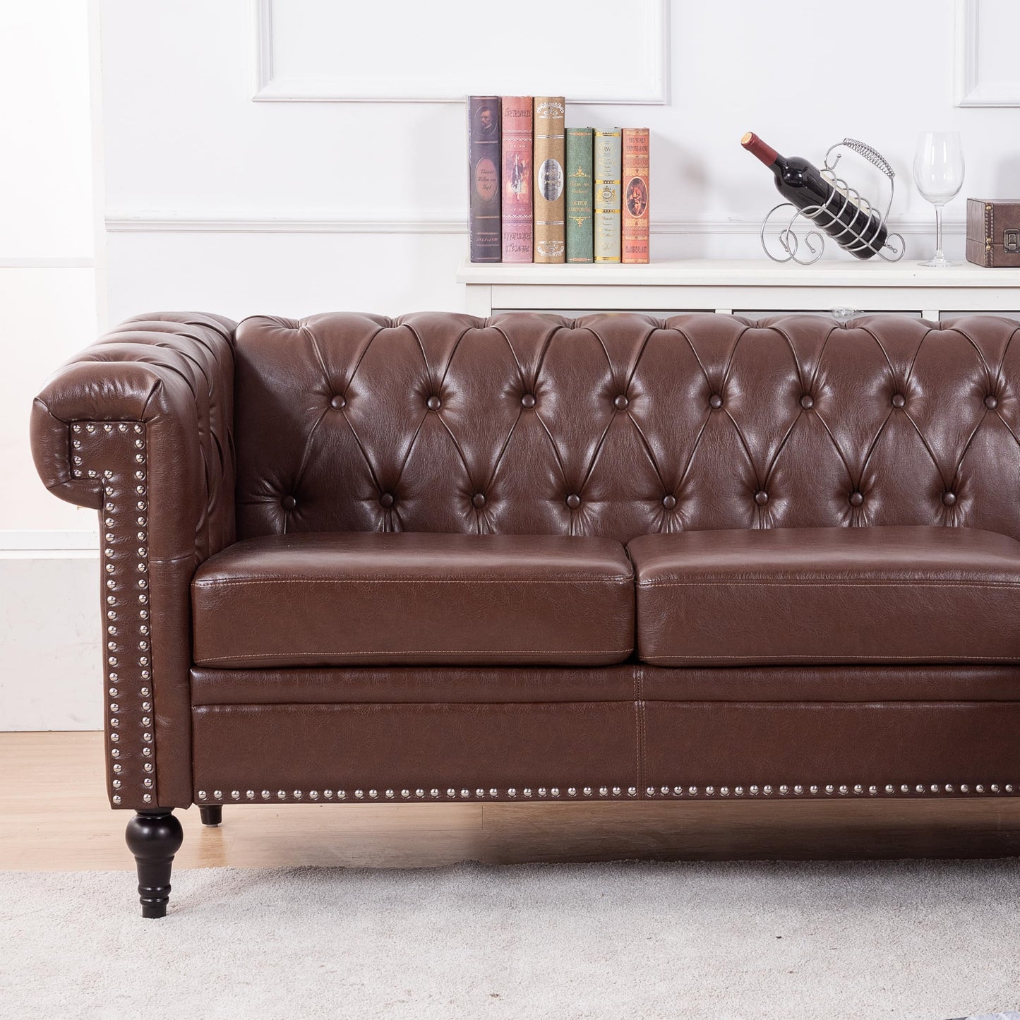 GDFStudio 85" x 85" L-Shaped Chesterfield Sectional Sofa, Tufted PU Leather Corner Couch with Rolled Arms, 5 Seat Mid-Century Modern Sectional Sofas & Couches for Living Room Bedroom, Dark Brown