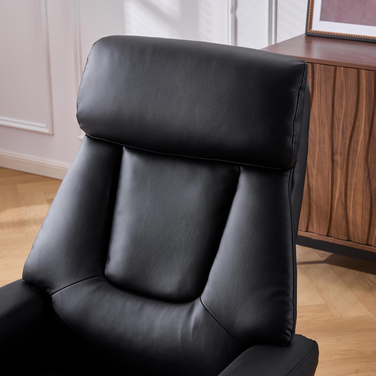 KEIKI 360 Degree Swivel Accent Chair, PU Leather Heated Massage Chair with Ottoman， Ergonomic Seat for Living Room, Lounge, Office, Black