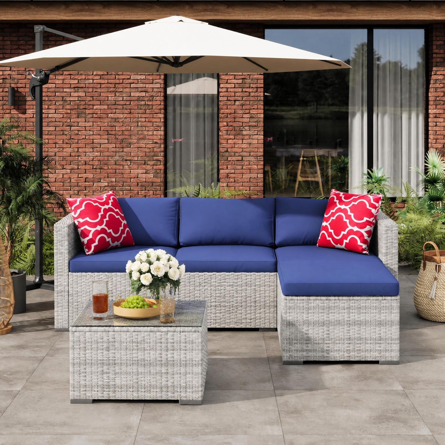 GarveeHome 5 Pieces Outdoor Patio Furniture Set, All Weather Wicker Rattan Sectional Sofa, Patio Conversation Set with Cushions and Glass Coffee Table for Backyard Porch Garden Balcony, Blue