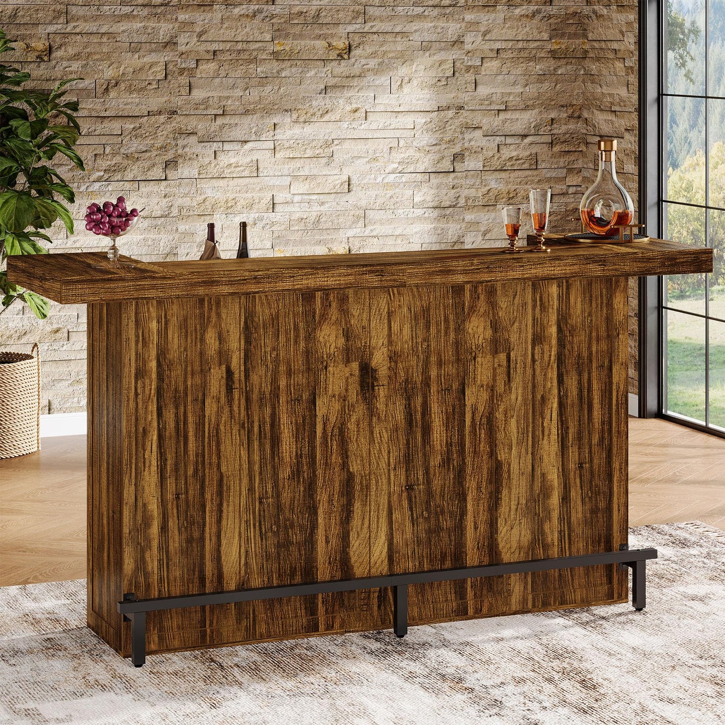 Tribesigns 4-Tier Bar Table, 70.9-Inch Large Wood Home Bar Unit with Wine Glass Holder and Black Footrest, Pub Table with Storage Shelves for Kitchen, Indoor, Brown
