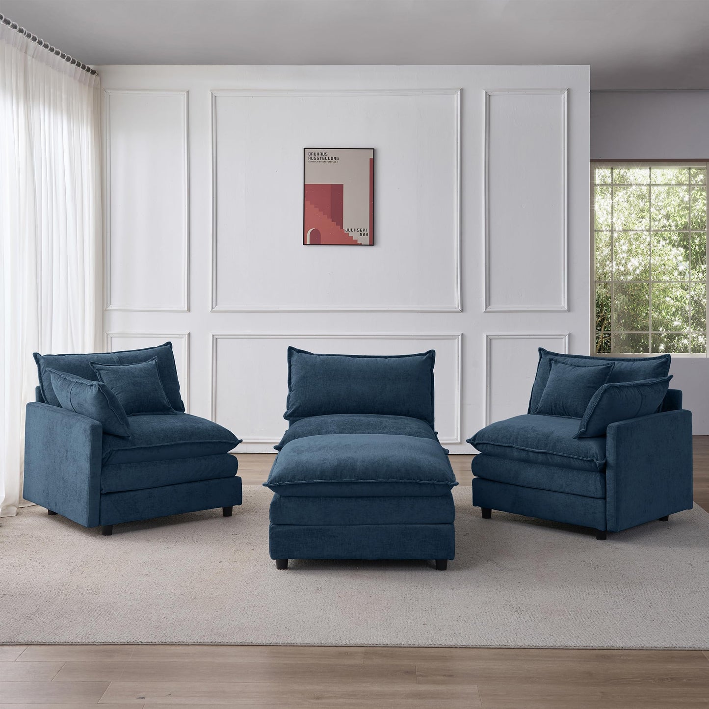 KEIKI 3 Seater Chenille Modular Sectional Couch Sofa with Ottoman, Double-Layer Seat Cushions & Back Cushions, Modern L-Shape Upholstered Cloud Soft Sofa Couches Chaise Lounge for Living Room