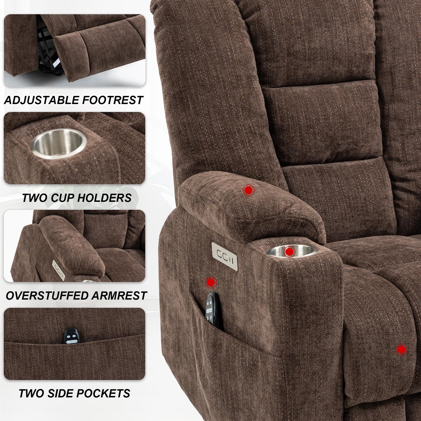 RHHVVR Power Lift Recliner Chair for Eldery, Chenille Electric Recliner Chairs with Massage and Heat, Remote Control Standing Assistance Lay Flat Recliner Sofa for Living Room Medium-Firm,Brown