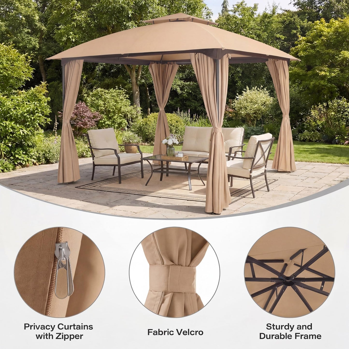 EO Living 10' x 10' Outdoor Arc Gazebo, Double-Tier Roof Party Shelter Tent with Curtains, Expansion Bolts & Wind-Resistant Ropes for Backyard, Garden, Patio, Lawn – Khaki