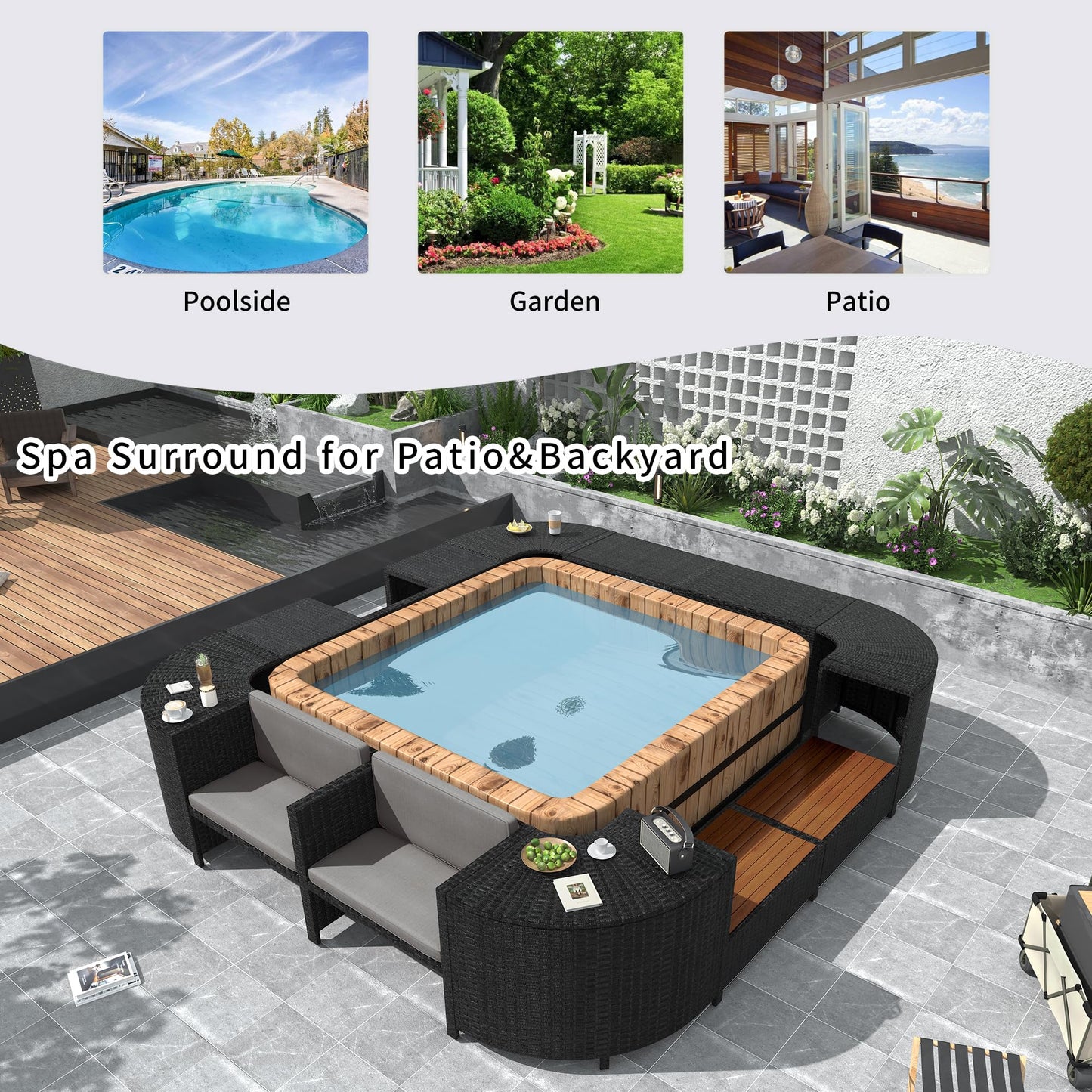 Merax Patio Furniture Set with Mini Sofa, Wooden Seats and Storage Spaces, Outdoor Conversation Sets for Patio, Lawn, Garden
