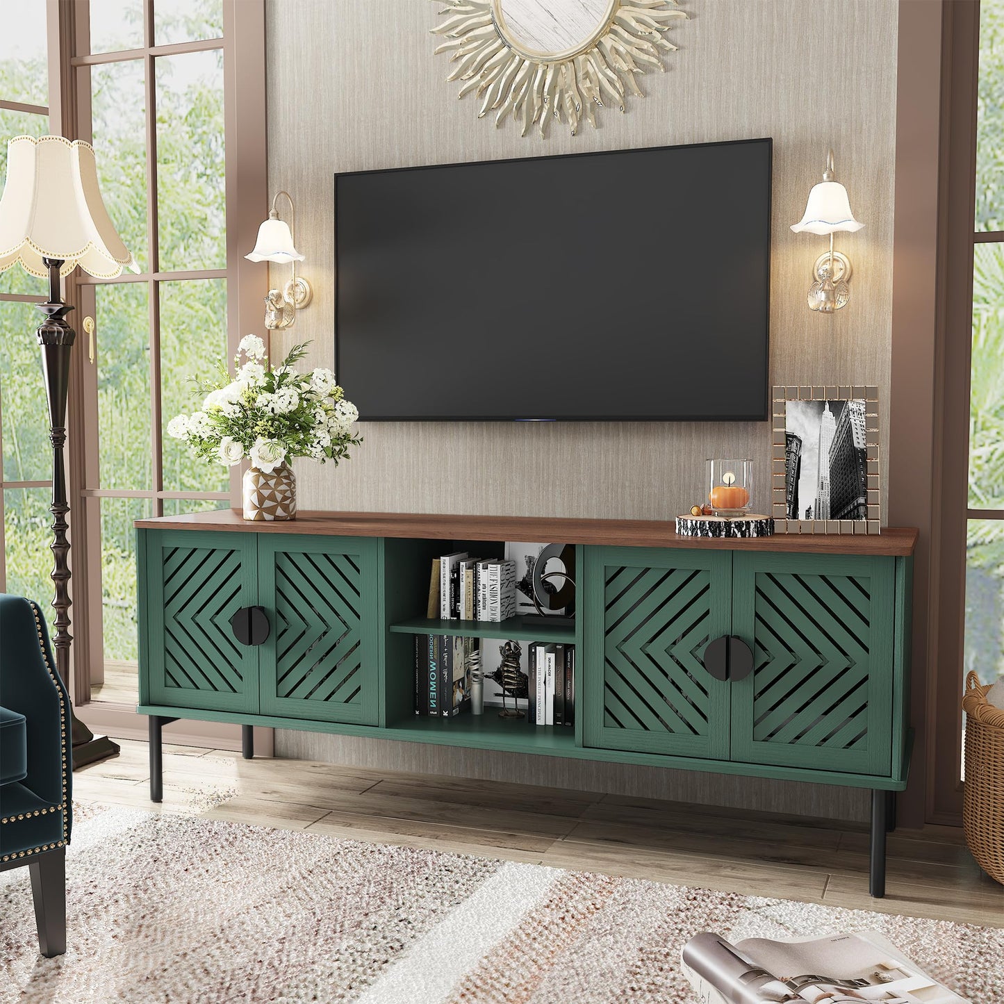 ARTPOWER 63" Modern TV Stands for Living Room, Long Entertainment Center with Storage, TV Console for 55 60 65 70 Inch TV, Bedroom TV Cabinet with Doors, Wood Media Console, Television Stand, Green