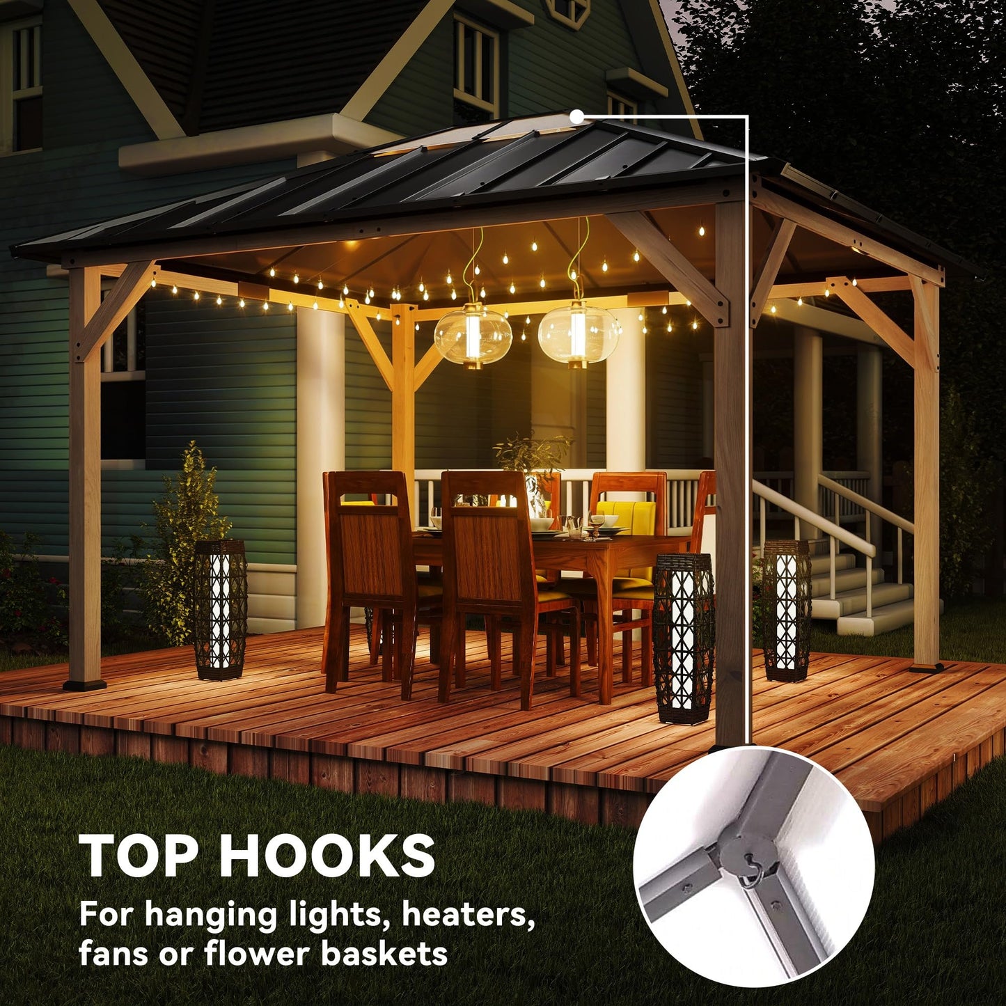 Outsunny 10' x 12' Hardtop Gazebo with Galvanized Steel Roof, Wood Permanent Pavilion Canopy Shelter with Clear Roof Top, UPF50+ Protection, Ceiling Hooks for Lawn, Backyard, Deck, Light Walnut