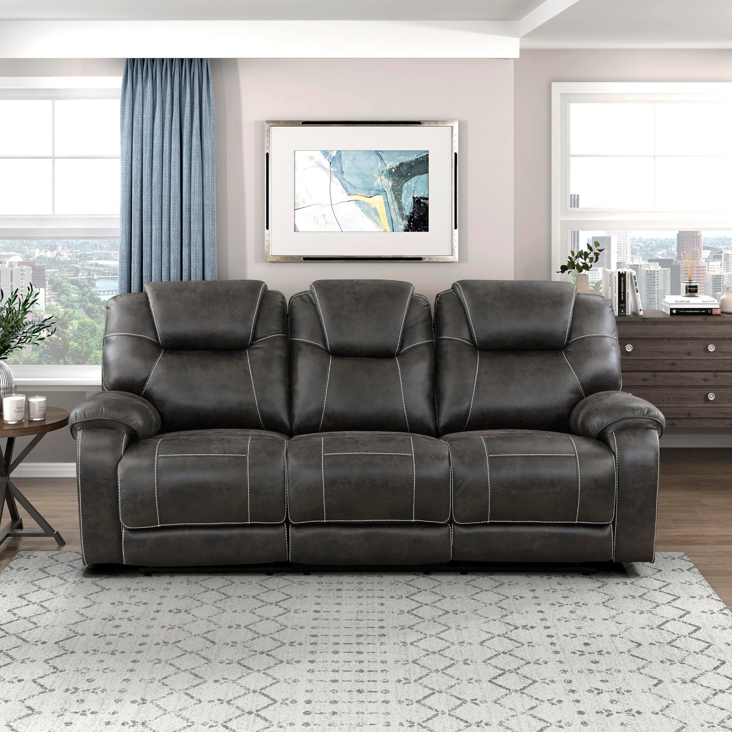 Lexicon Manual Double Reclining Sofa, Polished Microfiber Wall Hugger 3 Seater Manual Tab Pull Sofa Recliner for Living Room, Pillow Top Armrest, Padded Headrest, Easy Assembly, Chocolate