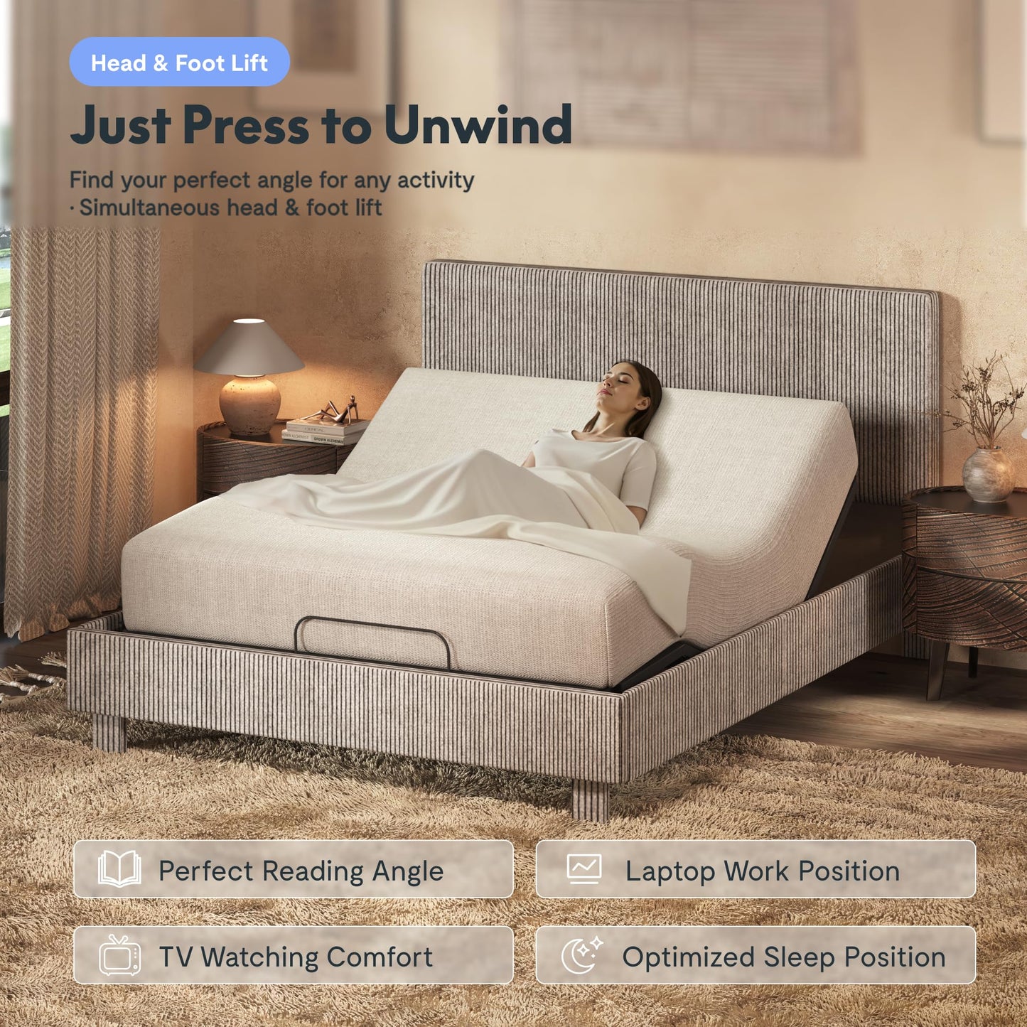 FLEXISPOT Queen All-in-One Adjustable Bed with Velvet Upholstered Bed Frame, Vertical Channel Fluted Headboard, Head & Foot Lift, Adjustable Headboard, Thick Foam Padding, Easy Assembly, Light Grey