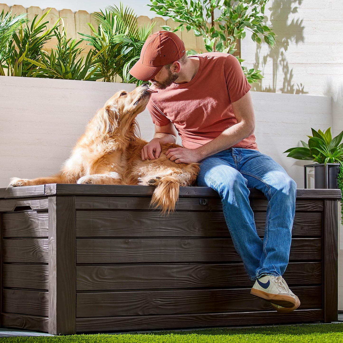 Keter 150 Gallon Resin Large Deck Box Organization and Storage Box for Patio, Outdoor Cushions, Garden Tools, Brown