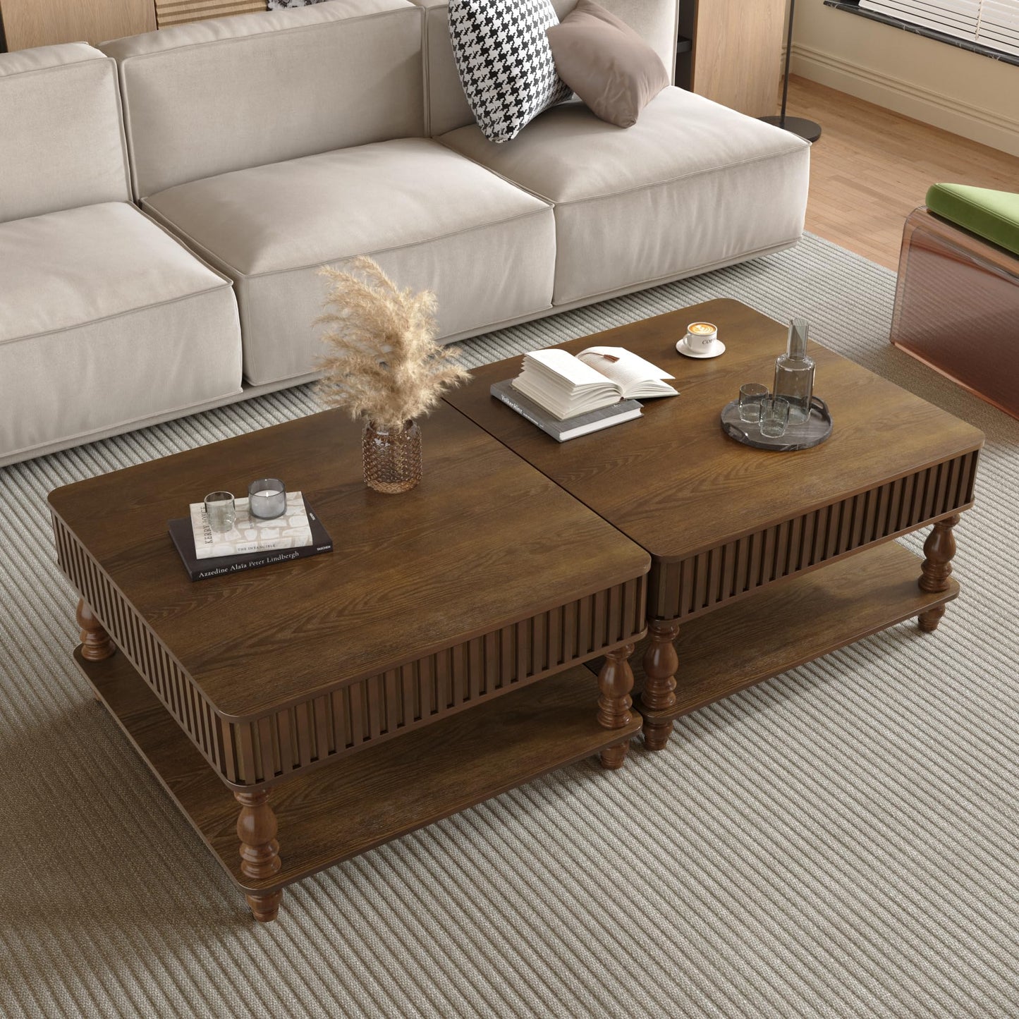 KEIKI 31.5" Square Lift Top Wood Coffee Table with Hidden Storage,Hydraulic Raising Mechanism Retro Style for Living Room