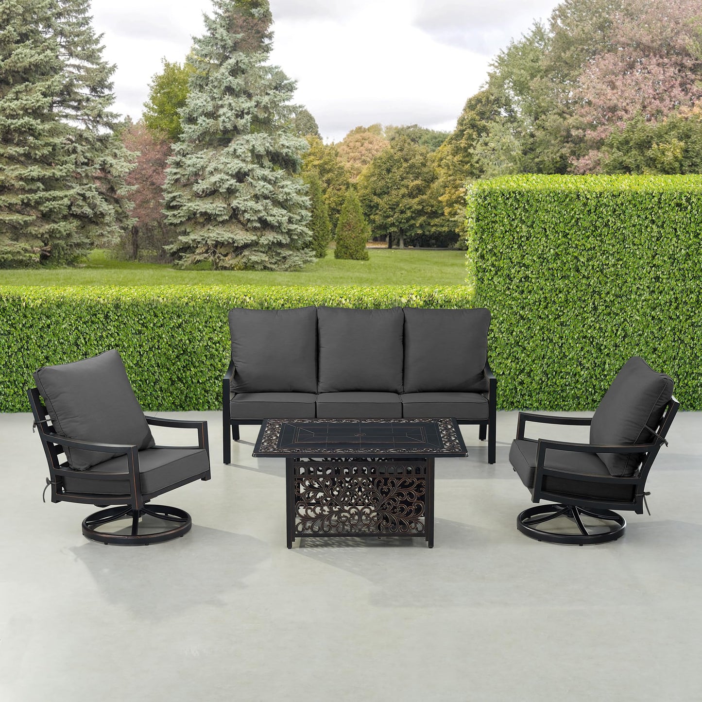 Oakland Living Black Aluminum Patio Fire Table Set with Deep Seating Sofa with Cushions and Two Club Chairs with Black Cushions