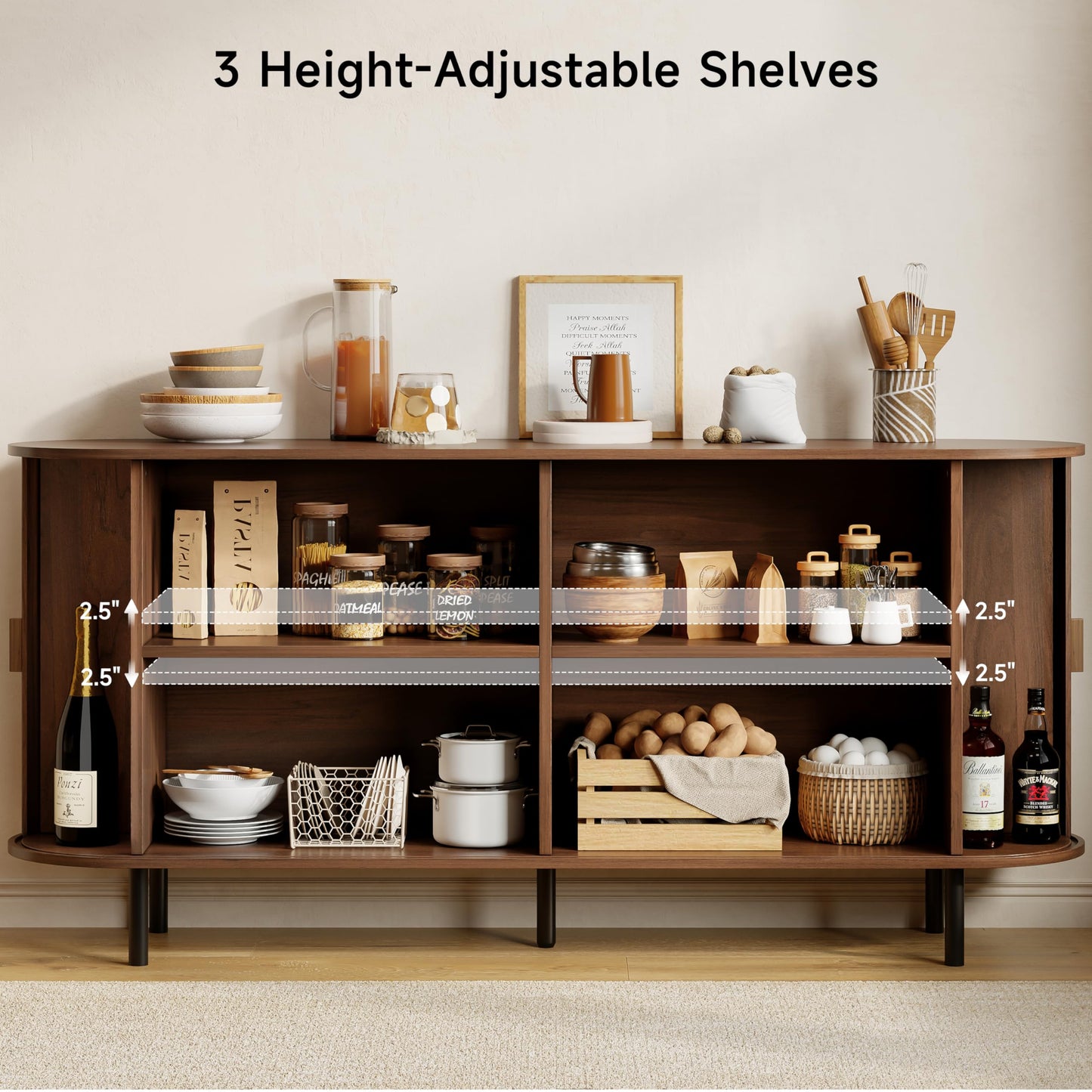 Buffet Sideboard Cabinet with Storage, 63" Fluted Cabinet with Sliding Door & Adjustable Shelf, Modern Accent Coffee Bar Console Table for Kitchen, Entryway, Walnut