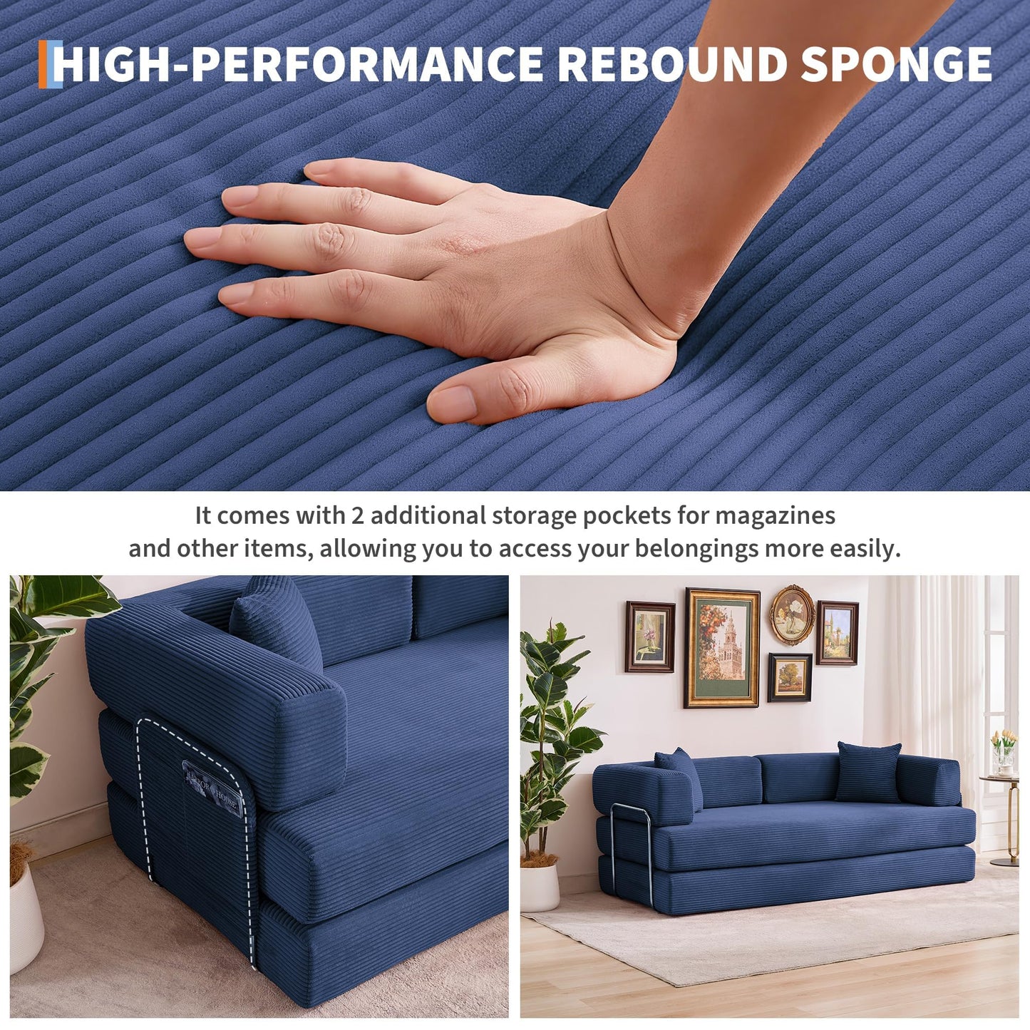 GarveeLife 78.8" Modular Corduroy Sofa Bed,5 in 1 Convertible Futon Floor Couch with Pull-Out Sleeper,Multi-Functional Futon for Living Room Guest Room & Small Spaces