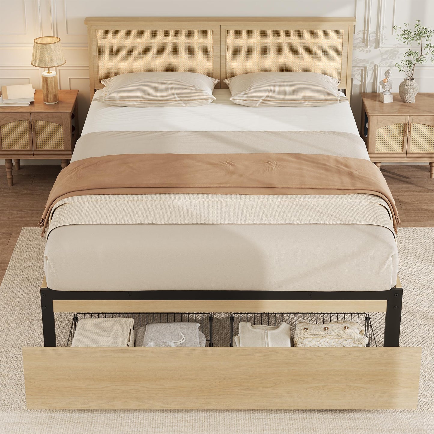 GarveeHome Queen Platform Bed Frame, Queen Size Bed Frame with Natural Rattan Headboard, Cane Bed Frame with 2 Storage Drawers and Strong Wood Slats Support, Noise Free, No Box Spring Needed