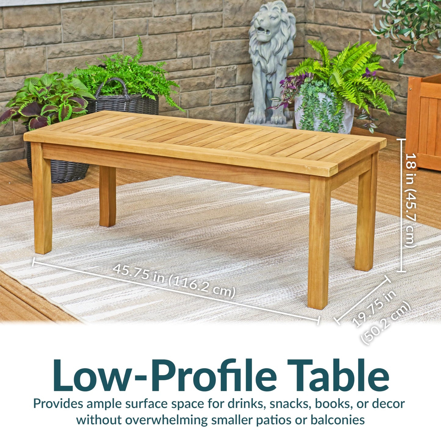 Sunnydaze 45-Inch Solid Teak Rectangular Outdoor Coffee Table - Patio Coffee Table for Outside - Light Brown Wood Stain Finish