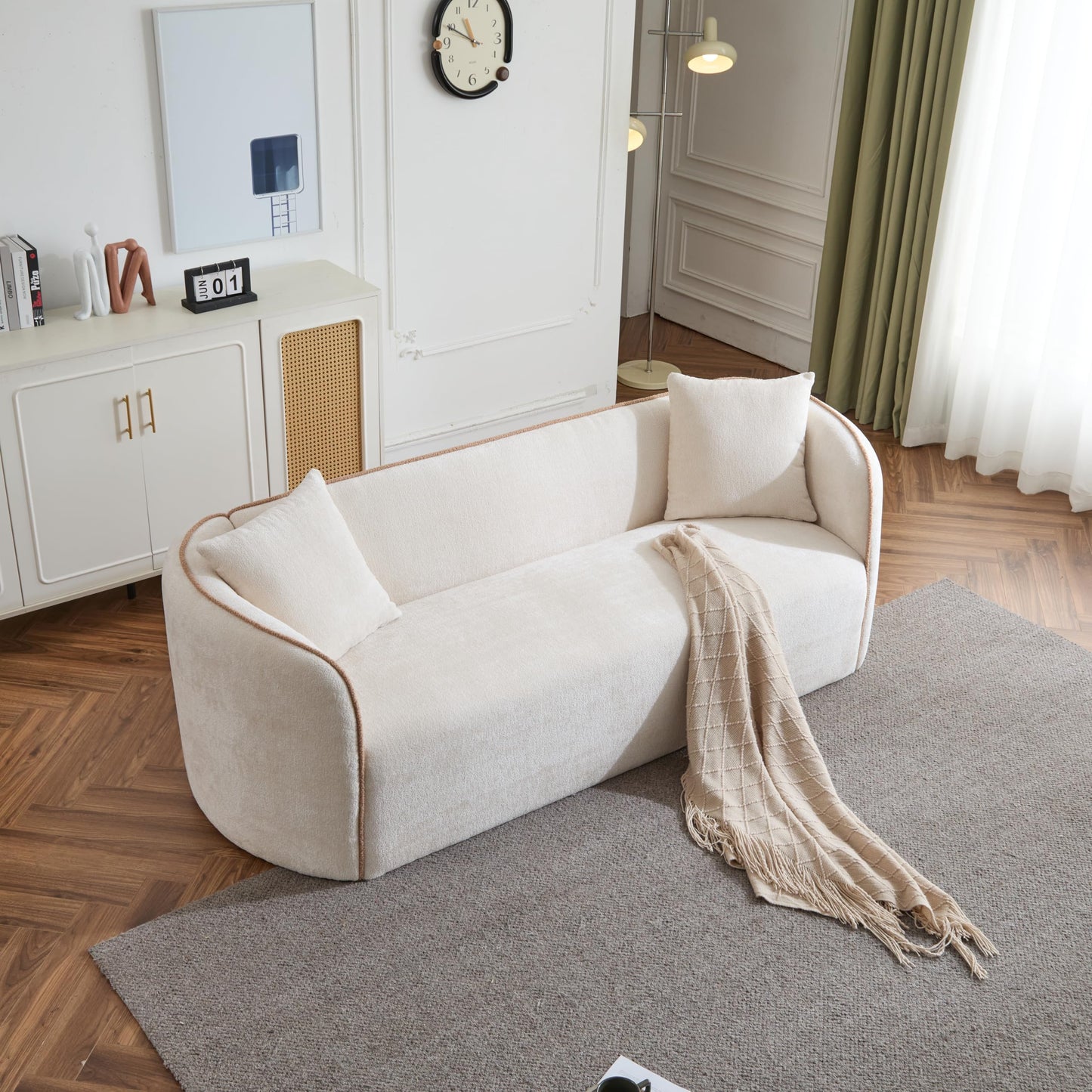 Christopher Knight Home Audie Modern Minimalist Living Room Boucle Fabric Upholstered 3-Seater Sofa, Ergonomic Curved Lounge Couch Seating, Soft Padded Cushion,Wooden Frame,Bedroom/Home Office,Beige