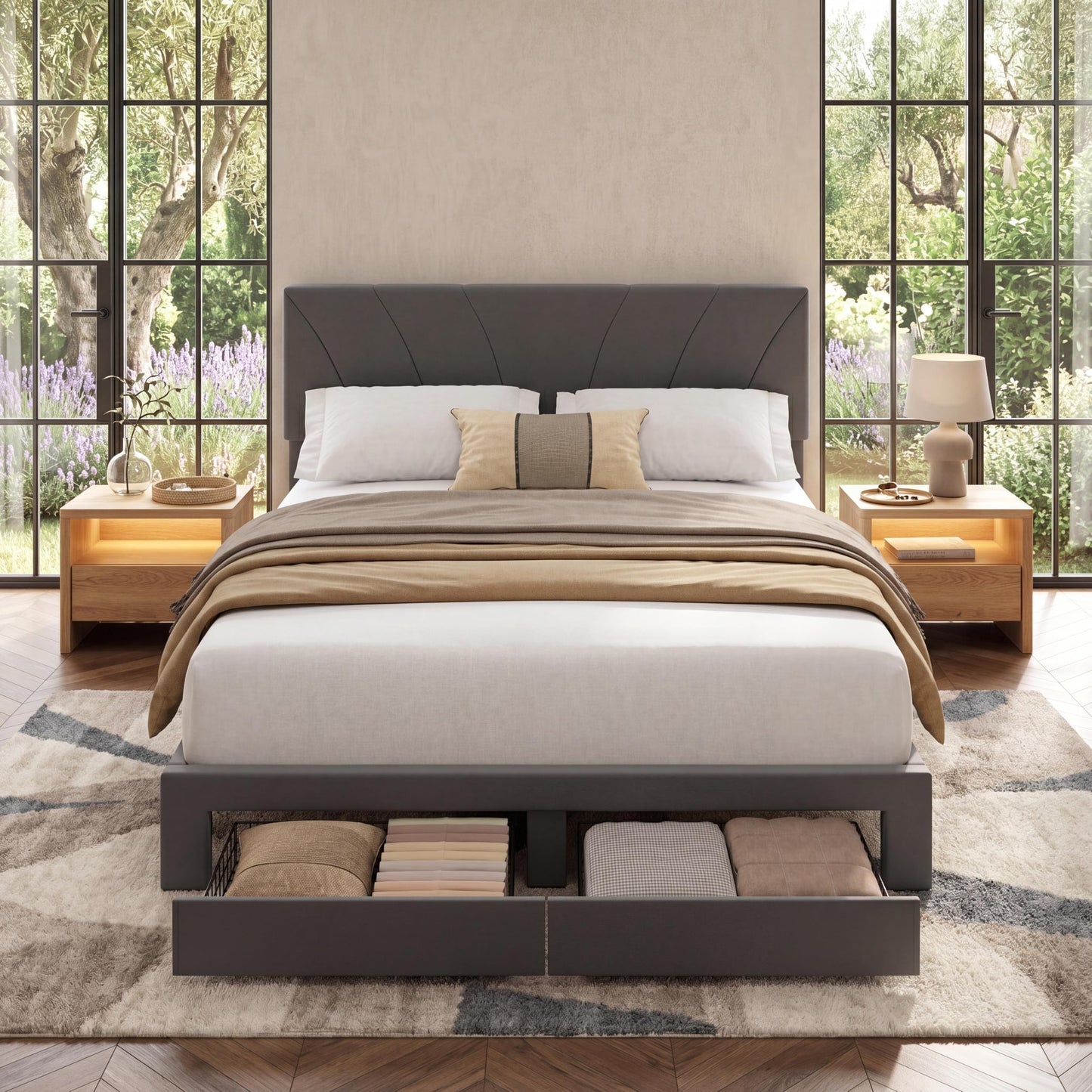 Garvee Queen Size Bed Frame with 2 Storage Drawers & Adjustable Headboard, Velvet Upholstered Platform Queen Bed Frame, Wooden Slats Support, No Box Spring Needed, Easy Assembly, Grey