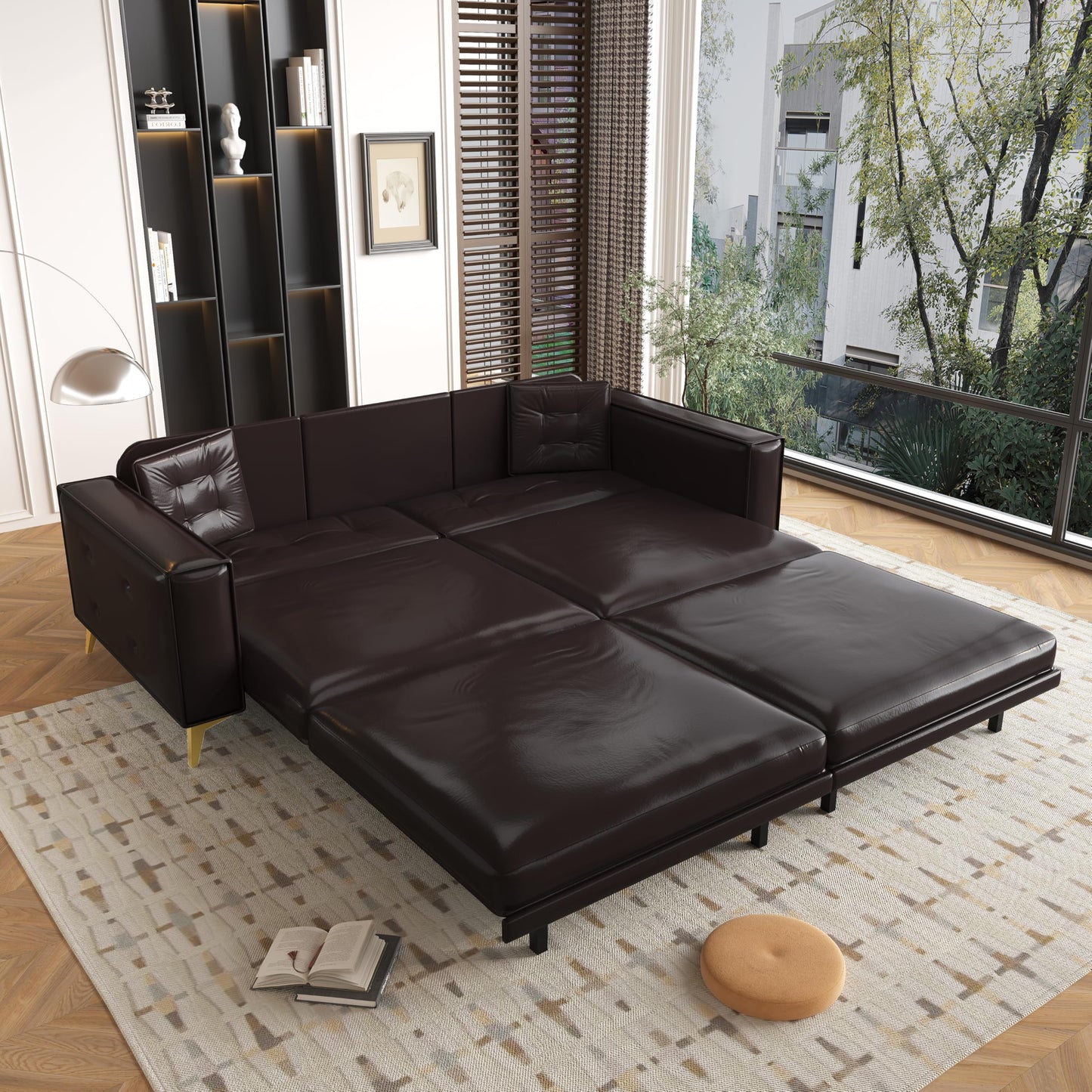 KEIKI 92.1" King Size Pull Out Sofa Bed, 3-in-1 Faux Leather Convertible Sleeper Clouch with 2 Pillows, 4-Seater Sofa Bed for Living Room, Apartment, Office, Dark Brown
