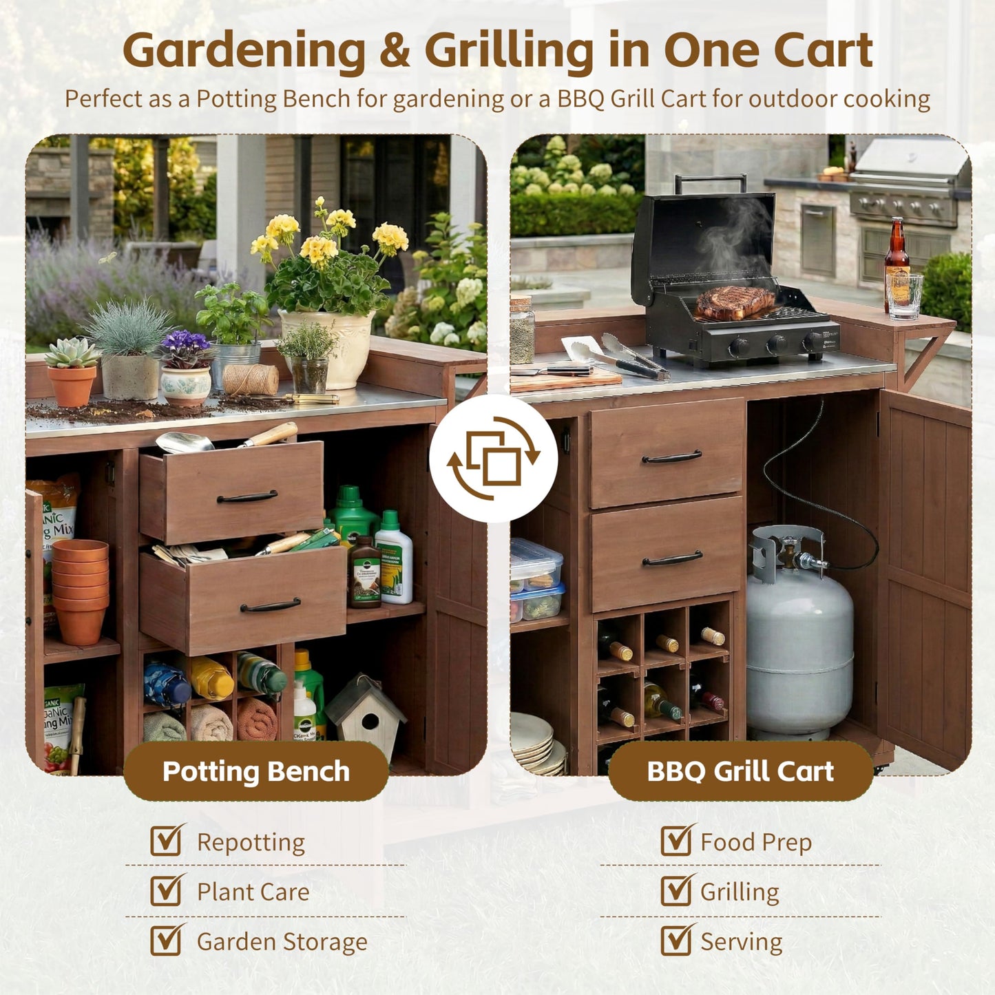Merax 60.2''W Outdoor Kitchen Island on Wheels with Stainless Steel Top, Wood Rolling Patio Grill Cart with Storage Cabinets, Drawers, Spice Rack & Wine Rack, Outdoor Grill BBQ Prep Table, Brown