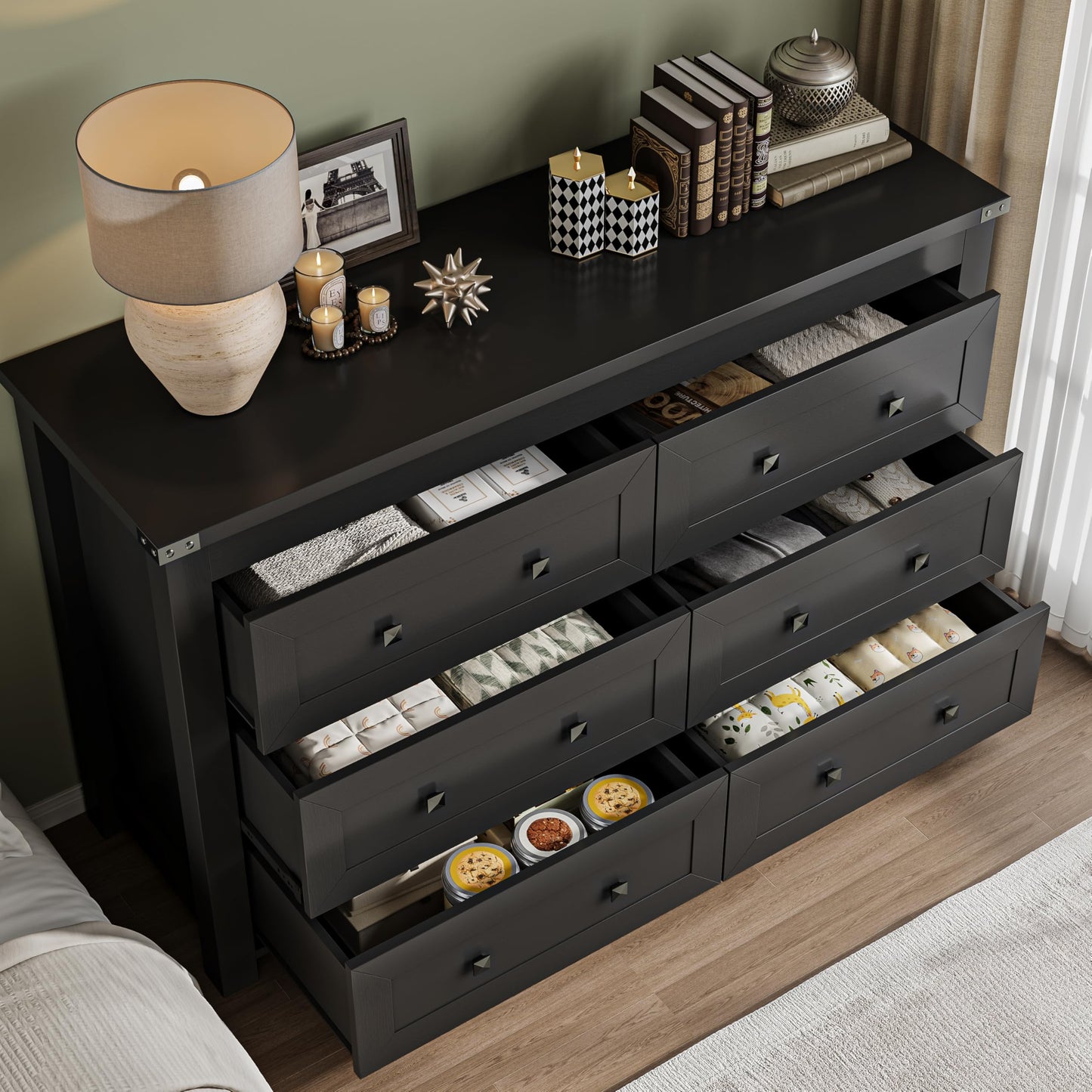 BORNOON 6-Drawer Dresser, Modern Wooden Storage Chest of Drawers, Dresser TV Stand, Wood Drawer Organizer with Metal Handles for Bedroom, Living Room, Hallway
