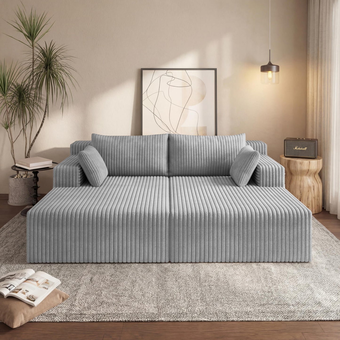 71-Inch Fluffy Corduroy Boneless Sleeper Daybed Loveseat Double Recliner Chaise Lounge Sofa Couches, Floor Cloud Sofa Chaise W/4 Pillows for Home Apartment Living Room