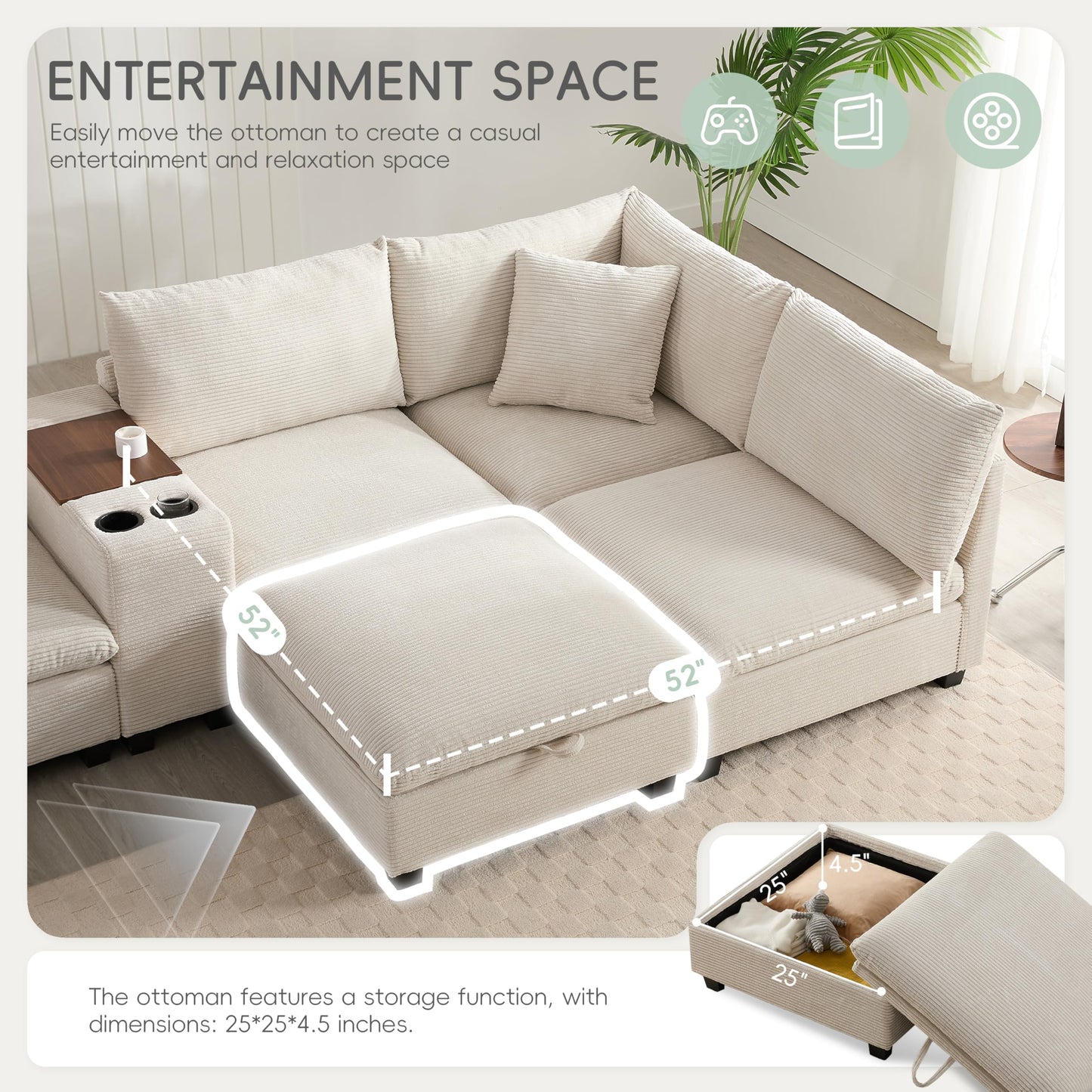 Merax 139'' Oversized Modular Sectional Sofa with Storage Ottoman and Console, Removable Storage Pockets, Cup Holder, Wide Seat, USB Charger, 6 Seat U Shaped Chenille Couch Set for Living Room, Beige