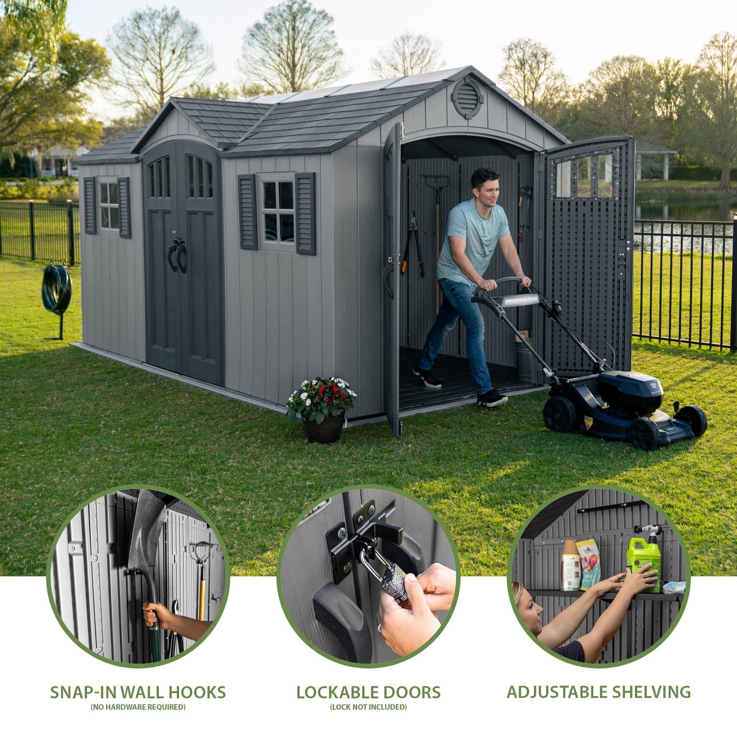 Lifetime Dual Entry Outdoor Storage Shed, 15 x 8 Ft, Steel‑Reinforced, UV‑Protected, Weather‑Resistant Backyard Garden Shed with Skylights, Windows & Shelving, Storm Dust