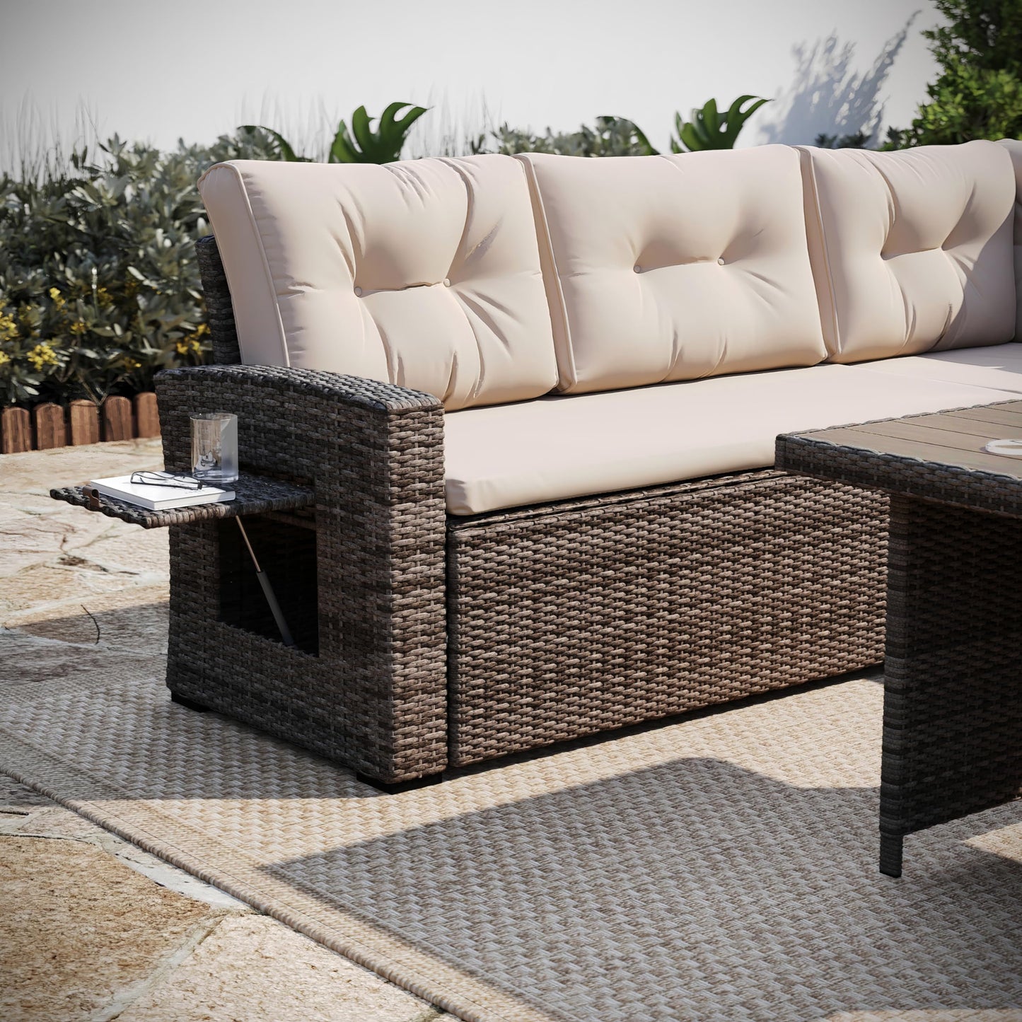 Flash Furniture Huck Wicker Rattan Conversation Set, Versatile Indoor/Outdoor Use, L-Shaped Sofa and Dining Table, Weather-Resistant Cushions, Beige/Brown