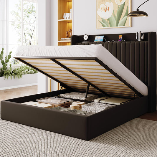 Allewie Queen Size Lift Up Storage Bed Frame,Storage Shelf Headboard with Charging Station,Type-C and USB Ports,Hydraulic Support,Velvet Upholstered Bed Frame,No Box Spring Needed,Black