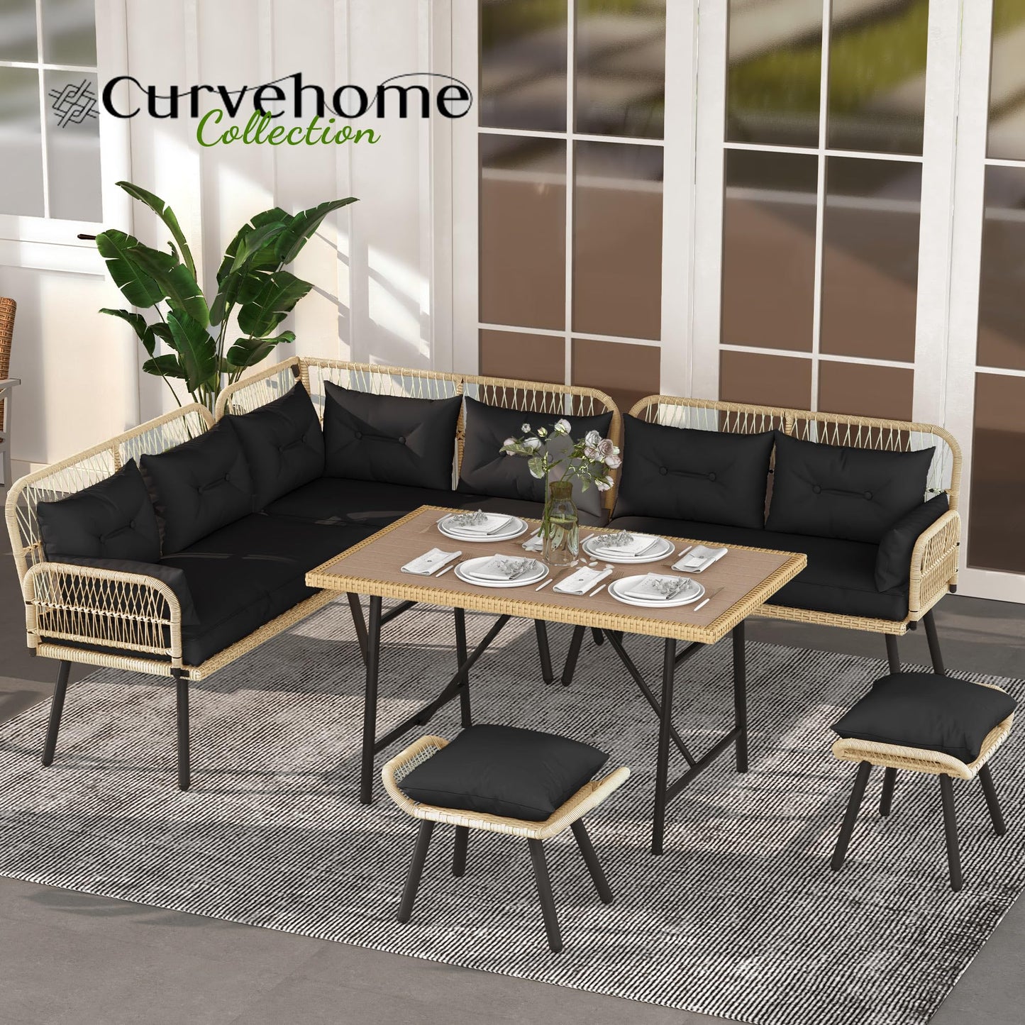 YITAHOME L-Shaped Patio Furniture Set, All-Weather Rattan Outdoor Conversation Sofa with Soft Cushions, Ottomans & Plastic Wood Dining Table for Backyard Deck, Light Brown + Black