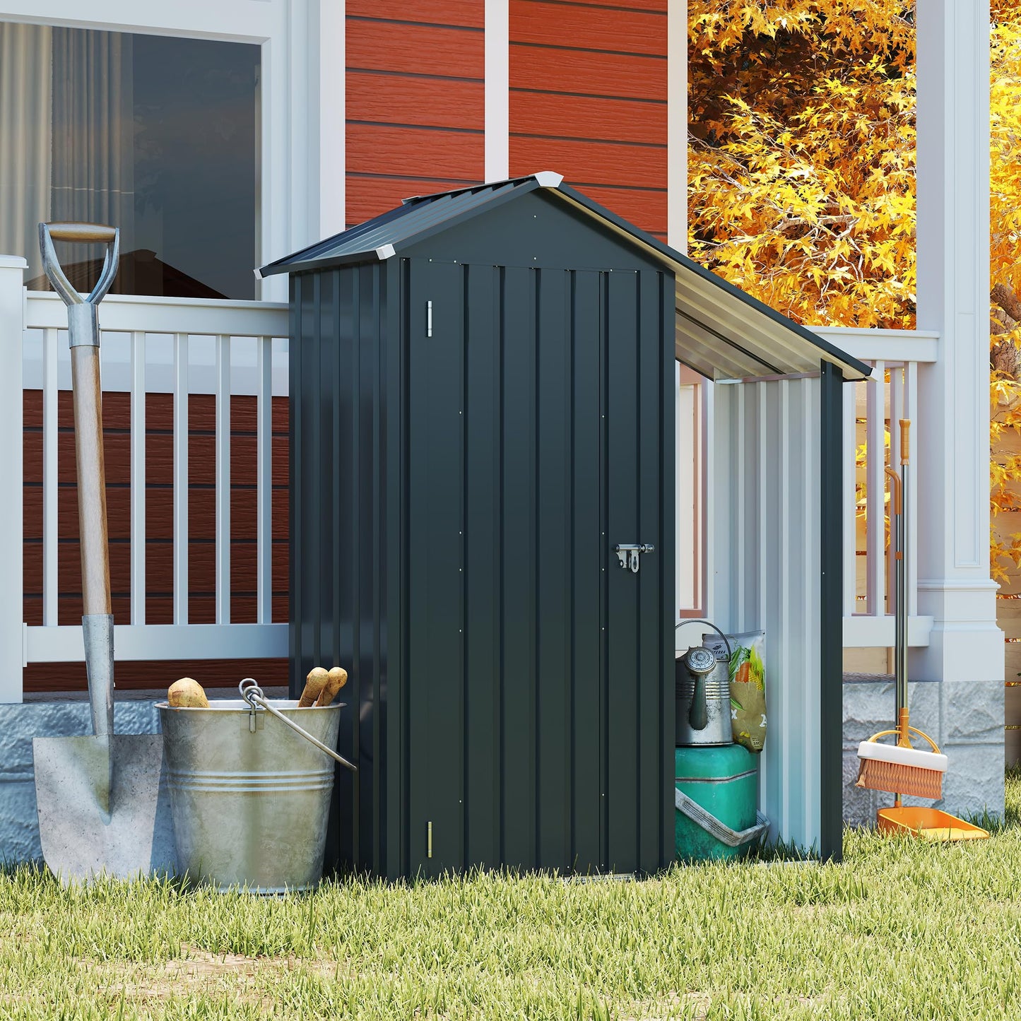 YOPTO Storage Shed,Iron 2-in-1 Storage Cabinet with A Solid Lock System and Sloped Roof,Outdoor Firewood Shed w/Waterproof,Garden Tool House for Lawnmowers,firewood,Dark Gray