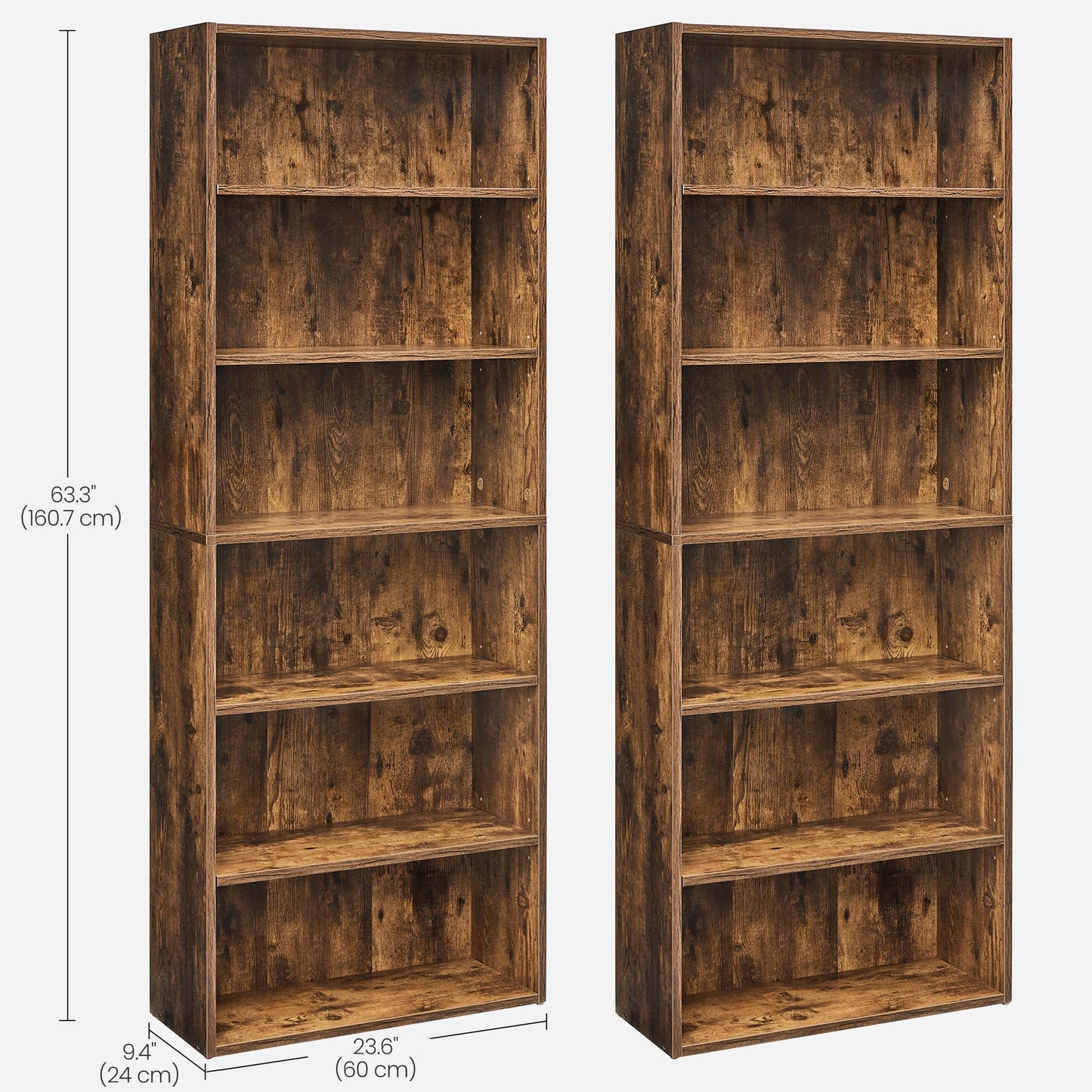 VASAGLE Set of 2 Bookshelves, 23.6 Inches Wide, 6-Tier Open Bookcases with Adjustable Storage Shelves, Floor Standing Units, Rustic Brown ULBC166X01-2