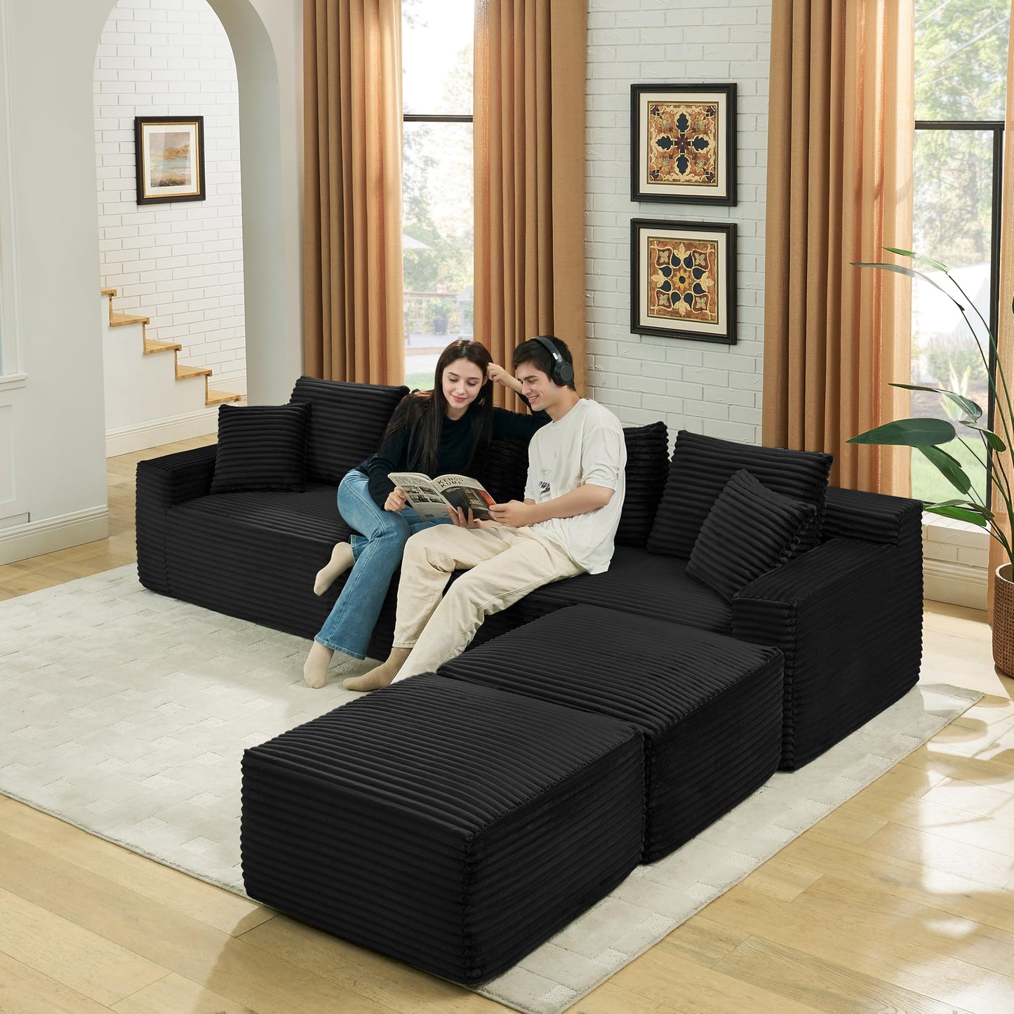 U-Shaped Compressed Modular Foam Sofas Symmetrical Boneless Cloud Sectional Couch with 2 Ottomans, Plush Corduroy Corner Sofa