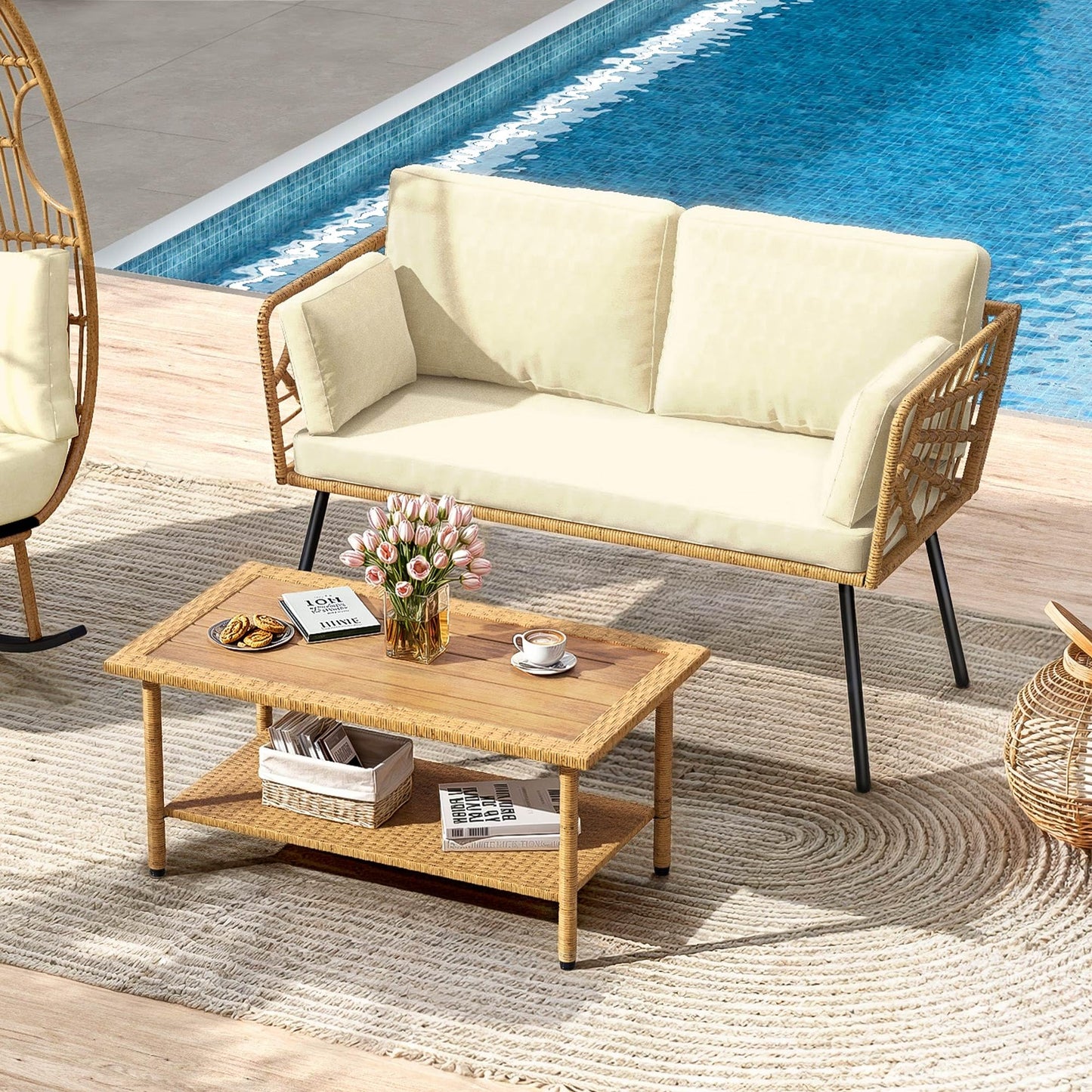 DWVO 2 Pieces Patio Furniture Set, All-Weather Wicker Rattan Loveseat with Thick Cushions & Table, Outdoor Conversation Set for Patio, Balcony, Backyard, Deck, Poolside