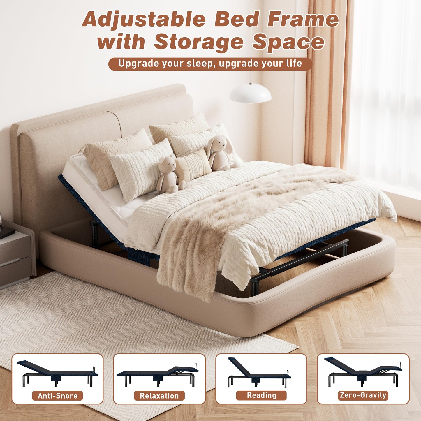 Zhumeiling Patented Design King Adjustable Bed Frame with Wireless Remote, Head & Foot Incline, Quiet Motor, Zero Gravity & Anti-Snore, Leg Height Options, Designed for Bedroom, Seniors Care