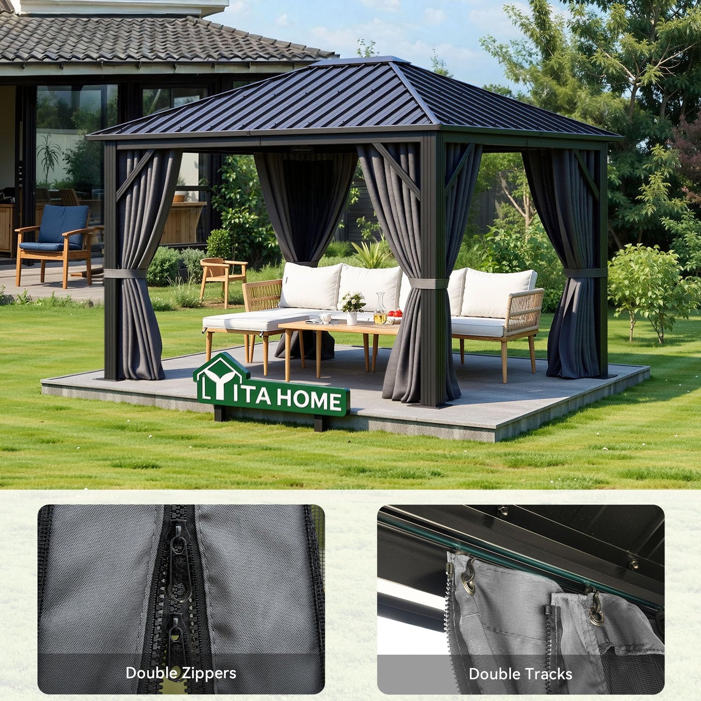 YITAHOME 10X12FT Single Hardtop Metal Gazebo Top Outdoor Patio Canopy Galvanized Iron Aluminum Column Garden Tent Curtains Netting for Backyards Decks Lawns,Gray