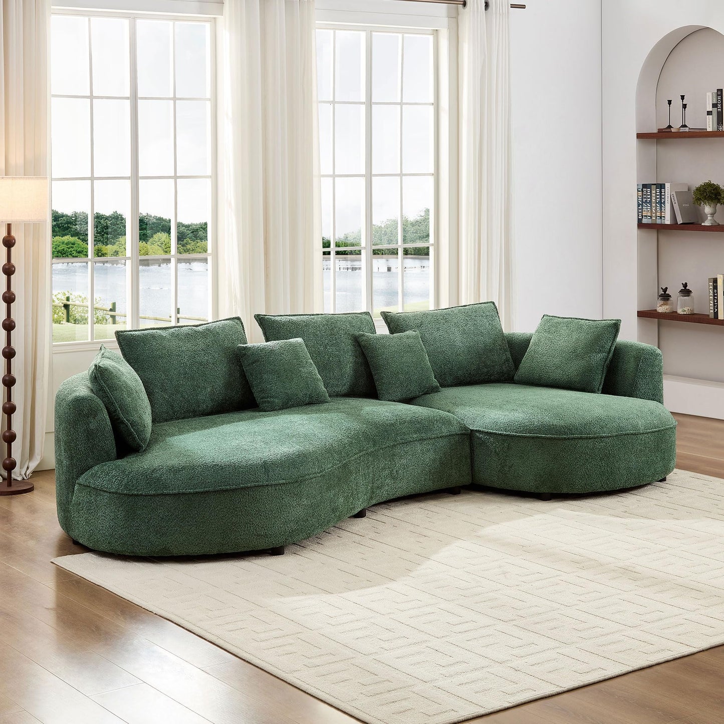 KEIKI 125" Luxury Curved Boucle Sectional Sofa with Right Chaise, Upholstered Modern Style Oversized 5-Seater Couch with Thickened Seat Cushions, Easy Assembly, for Apartment, Living Room, Green