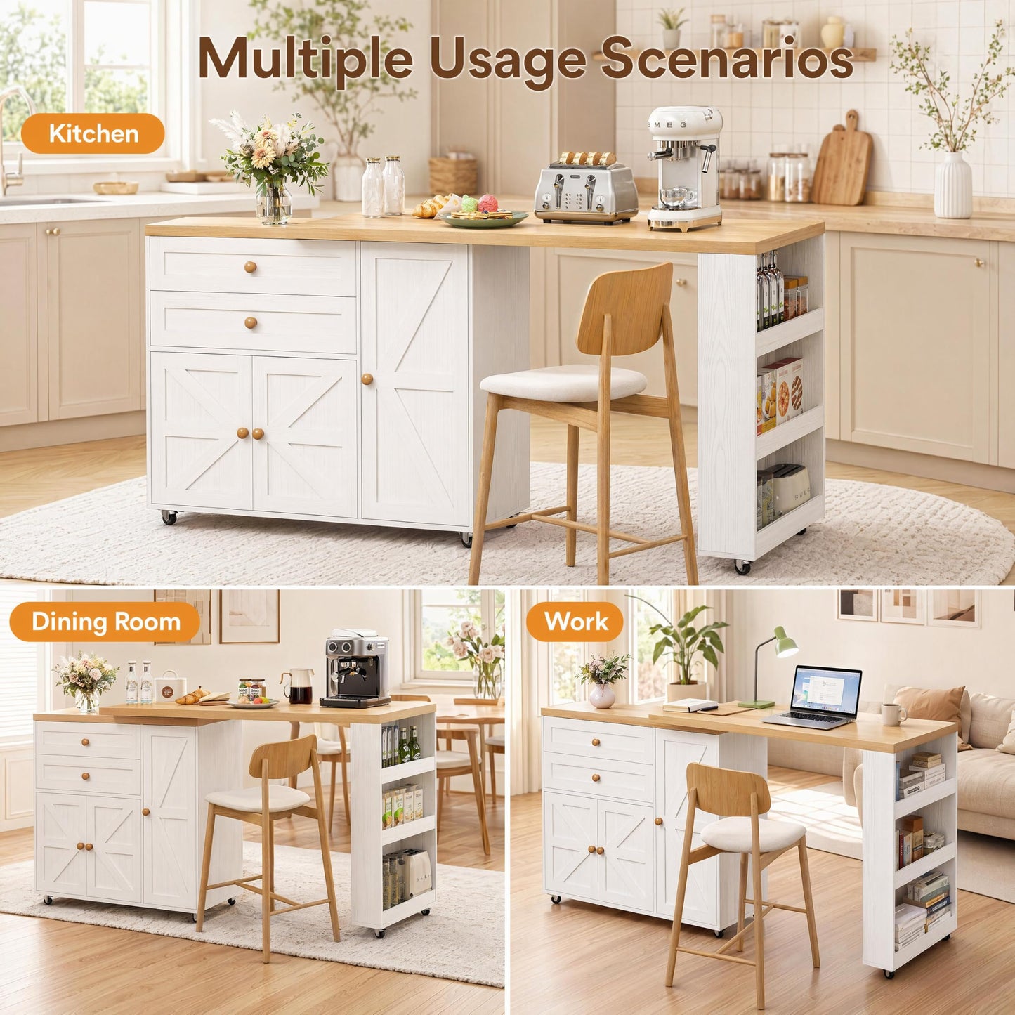 IRONCK Kitchen Island with 360° Swivel Table, Rolling Island with Storage, Kitchen Cart with Spacious Drawer, Storage Cabinets and Spice Rack for Home, Dining Room