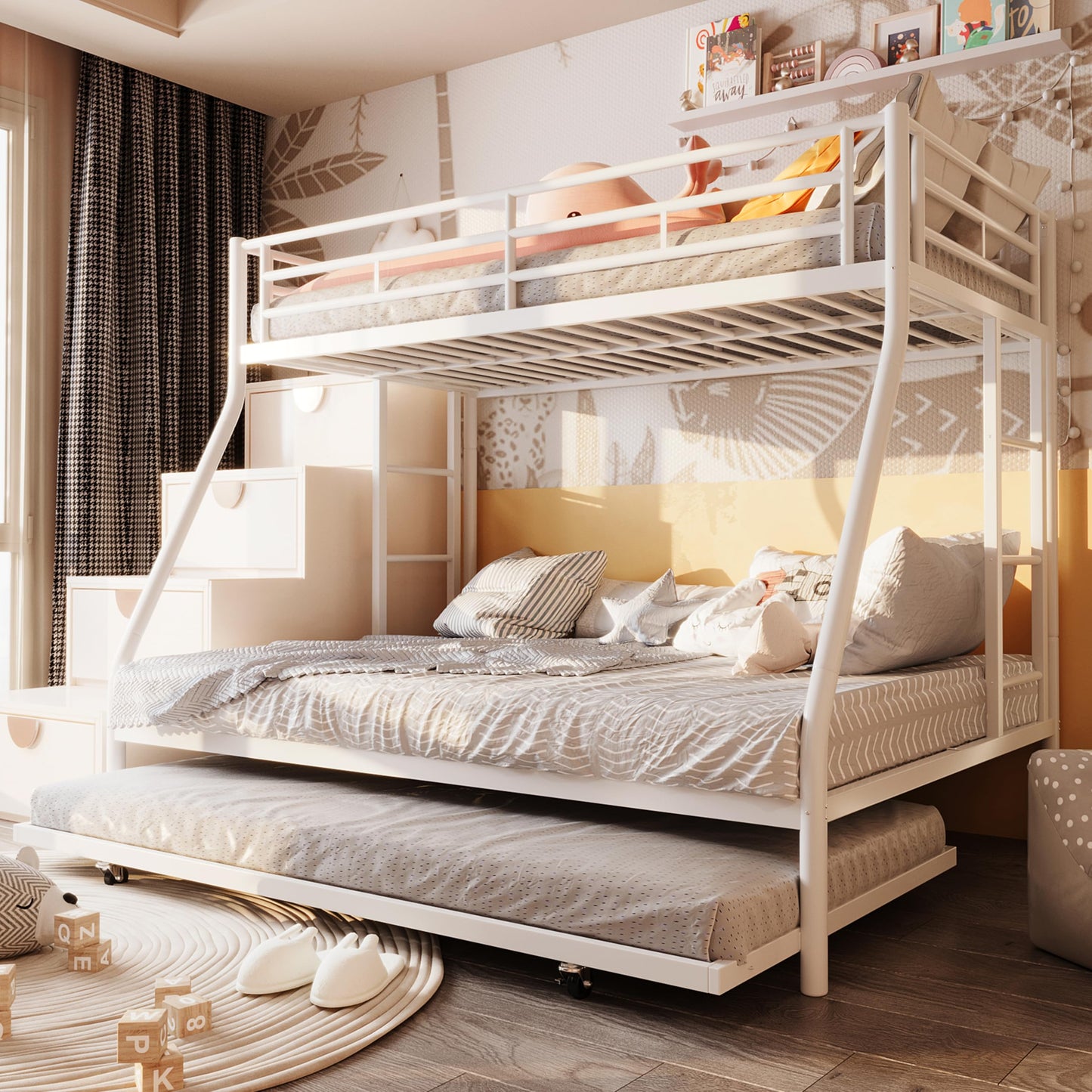 SUNLEI Metal Loft Bed with 2 Secured Ladders, Bunk Bed Twin Over Full with Trundle, Trundle Beds Twin Safety Guard, for Small Bedroom Noise Free (Twin Over Full, Metta Classic White)